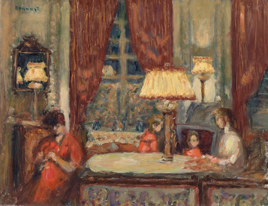 A cozy interior scene illuminated by lamps.