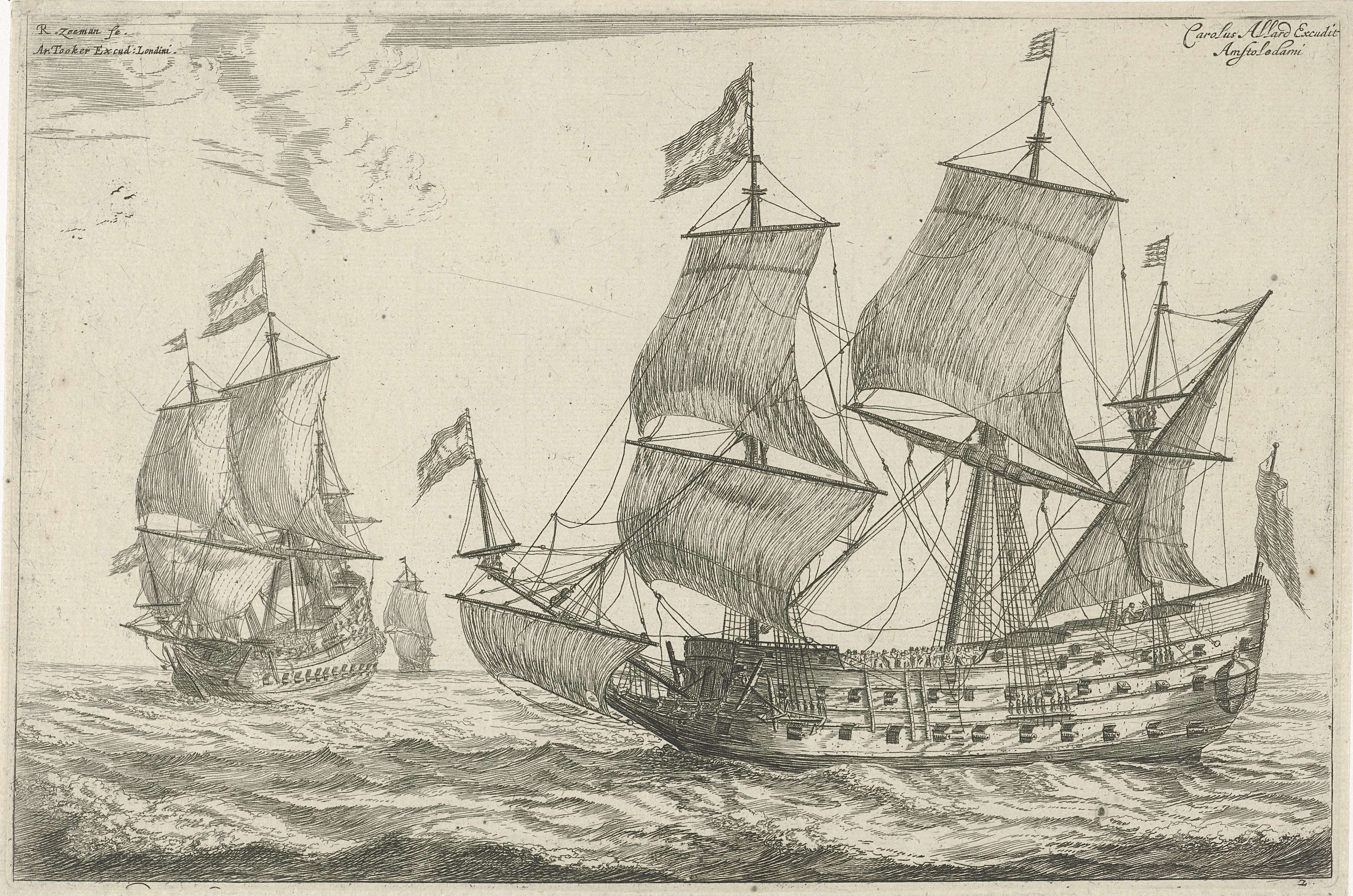 Twee grote oorlogsschepen, by Reinier Nooms, public domain