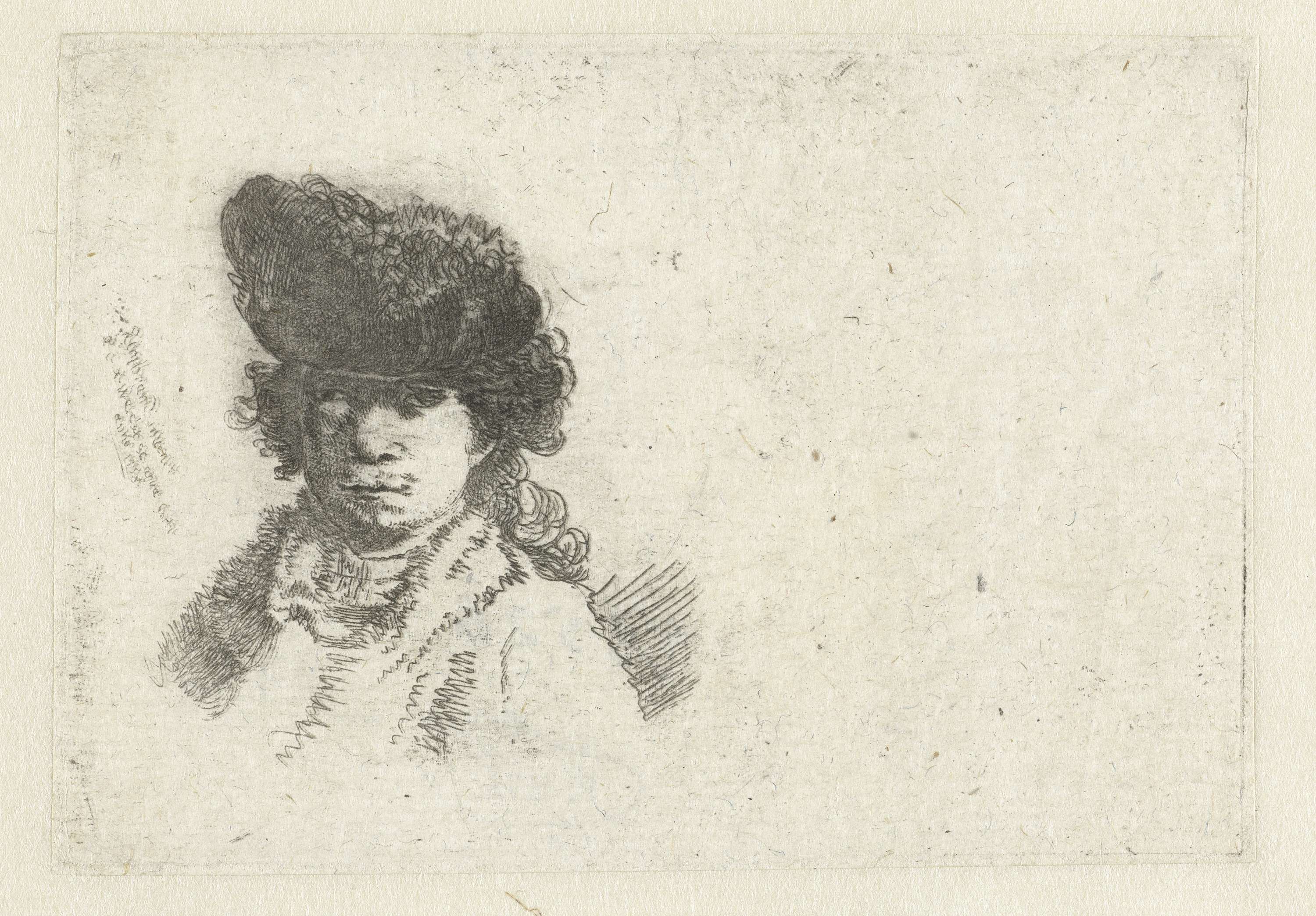 Self-portrait in a fur cap by Claude Henri Watelet, etching
