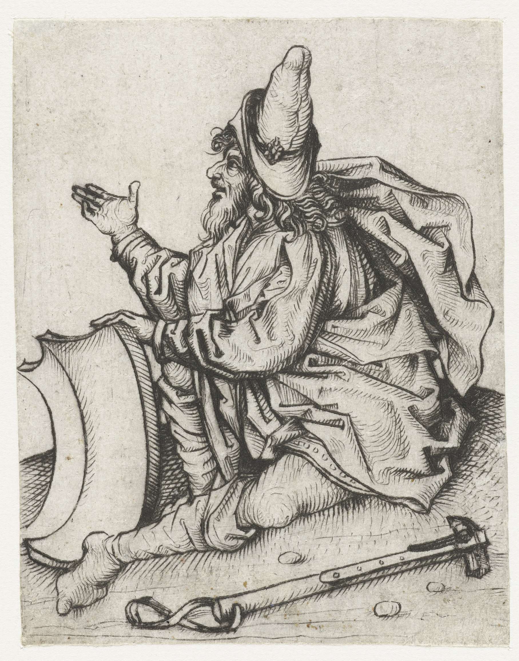 Portrait of a man with a beard and a blank shield, drypoint by Meester van het Amsterdamse Kabinet