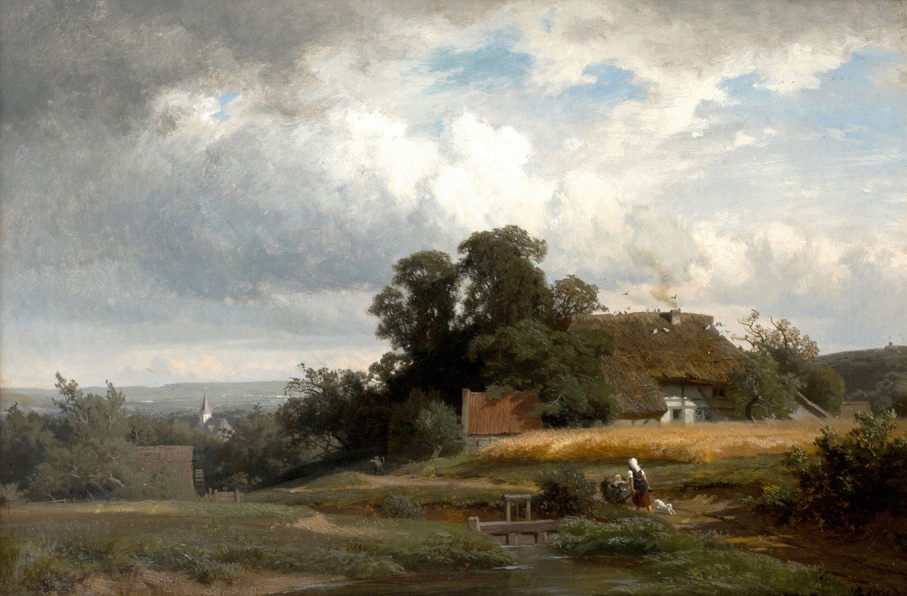 Landscape with a farmhouse and mill, oil painting by Paul Weber