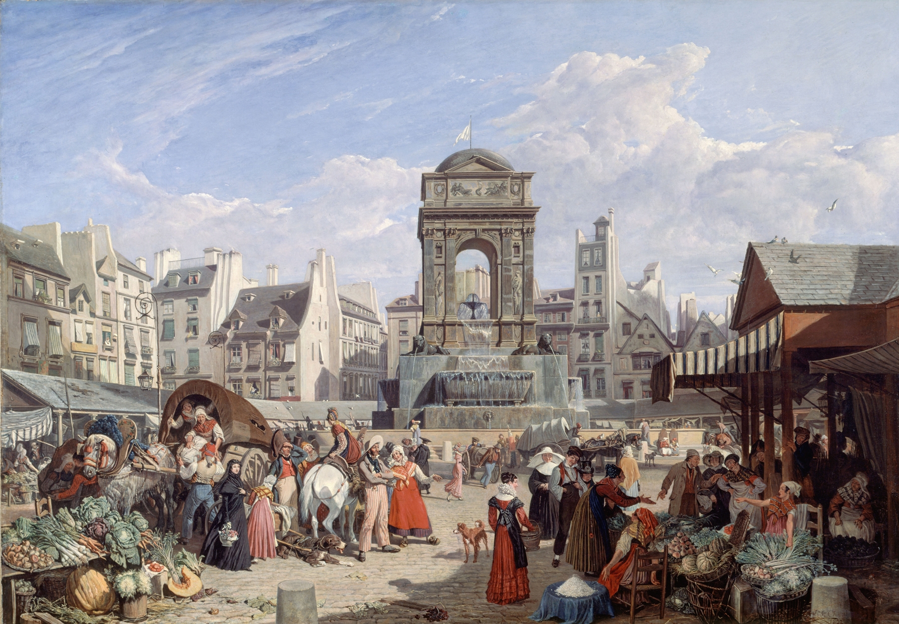 Oil painting by John James Chalon depicting a bustling market scene with figures.