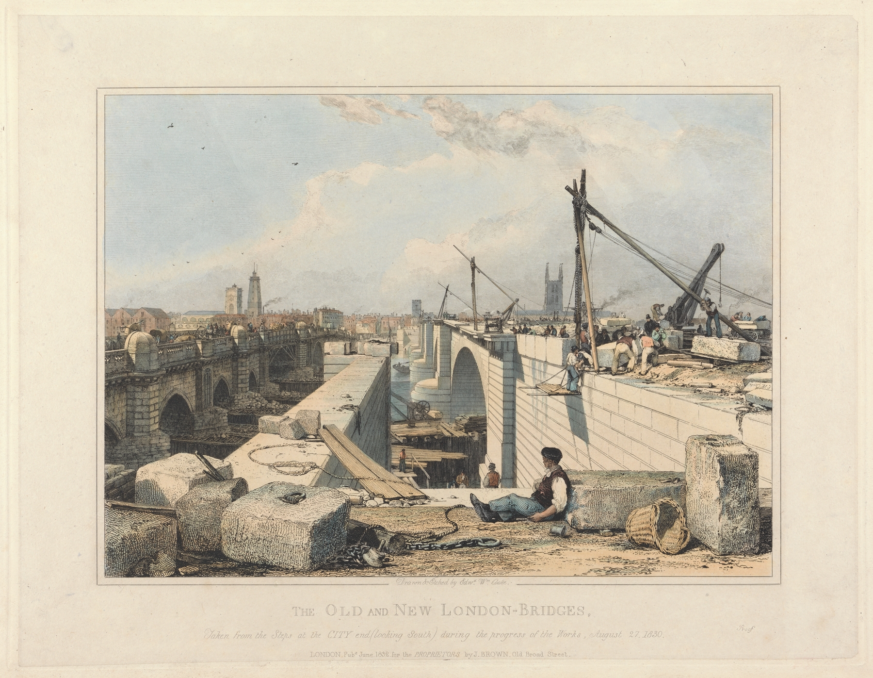 The Old and New London Bridge, by Edward William Cooke, public domain