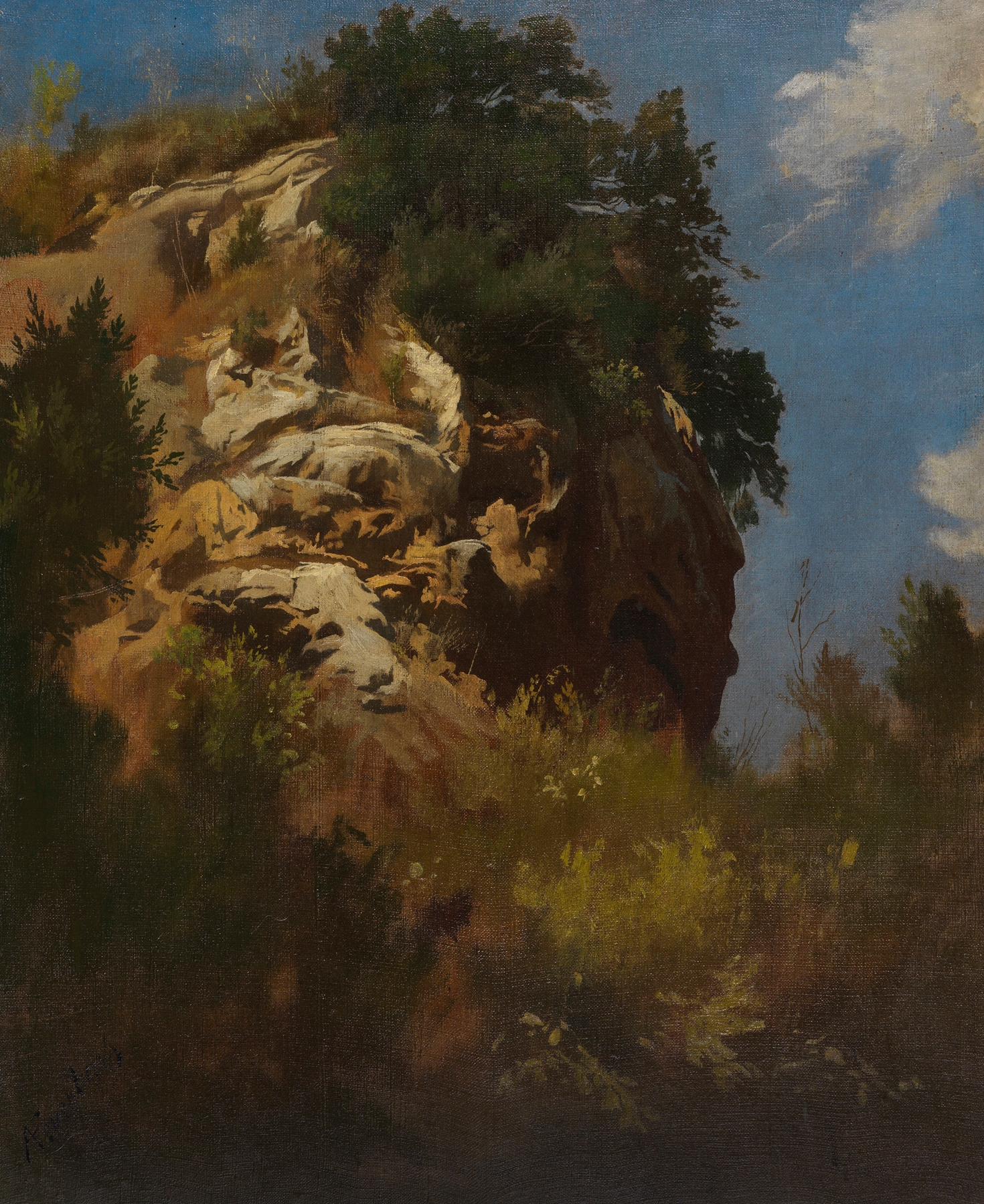 Landschaft, Felsgestein by Anselm Feuerbach, oil painting depicting rugged terrain and jagged rocks.