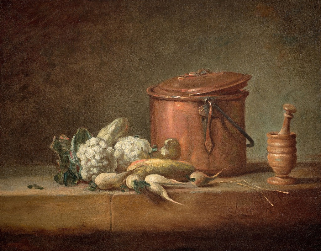 A still life painting featuring a copper pot, cauliflowers, and a mortar and pestle.