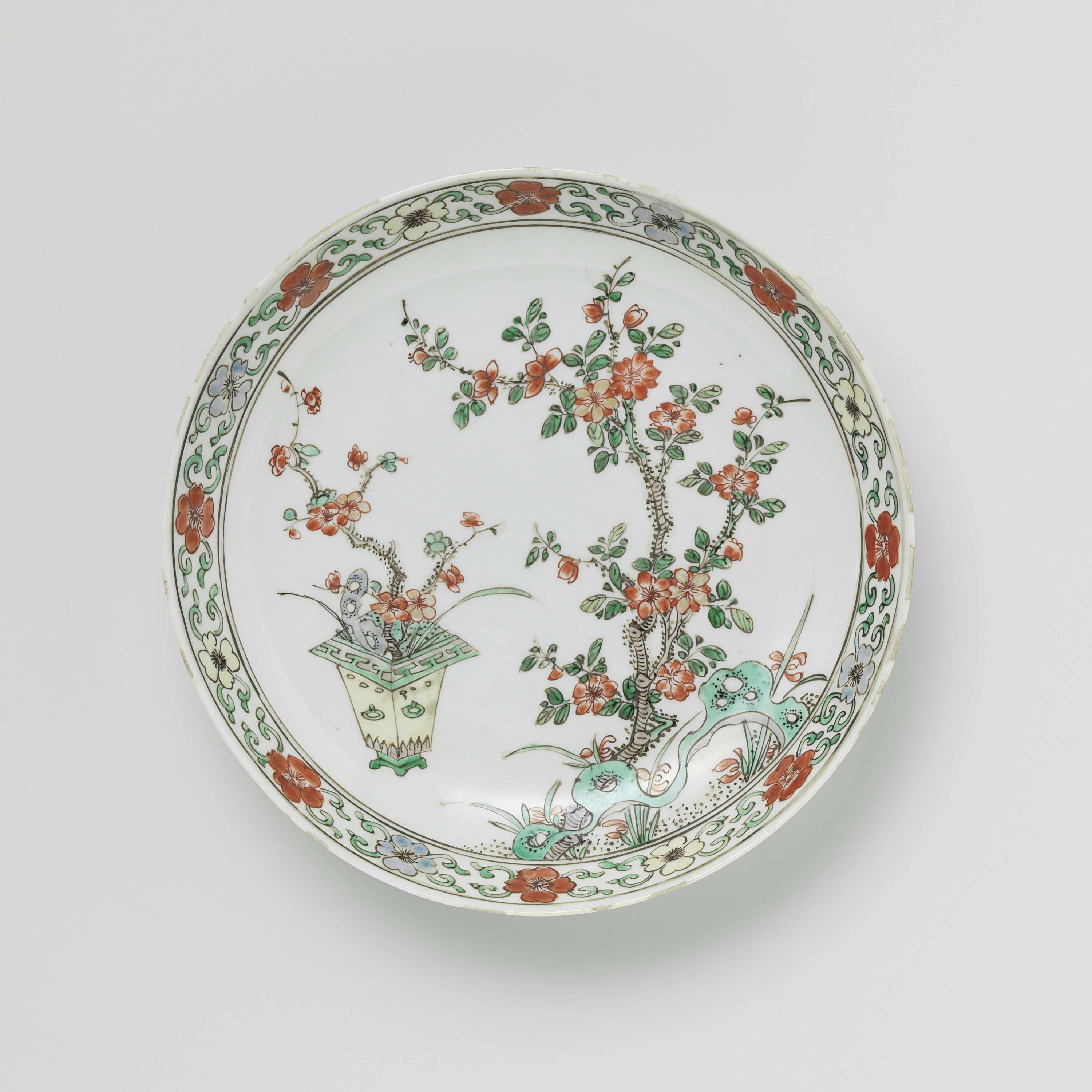 Rococo style saucer-dish with flowers and a flowerpot by unknown artist