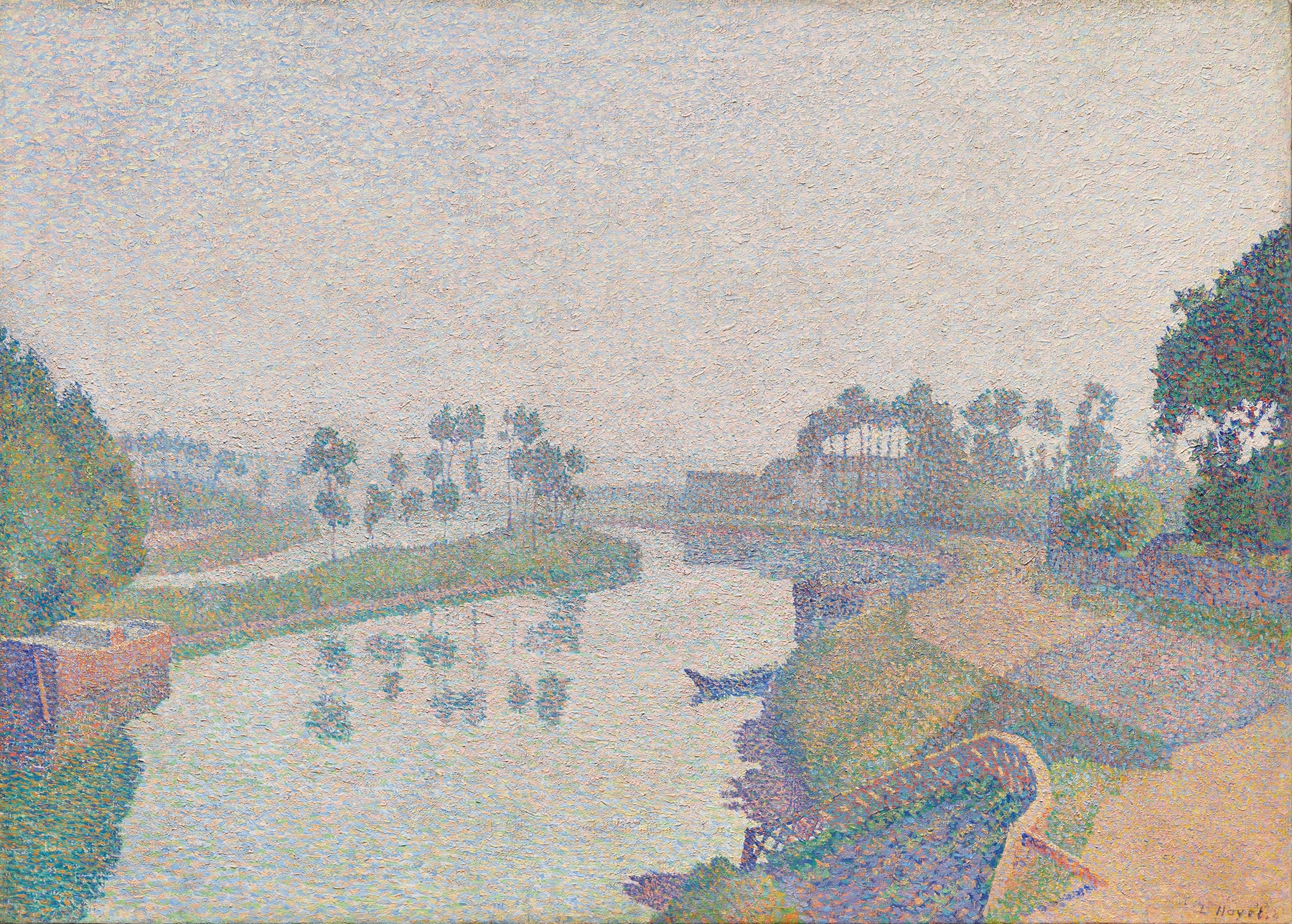 Banks of the Oise at Dawn, oil on canvas by Louis Hayet, depicting a tranquil river at dawn.