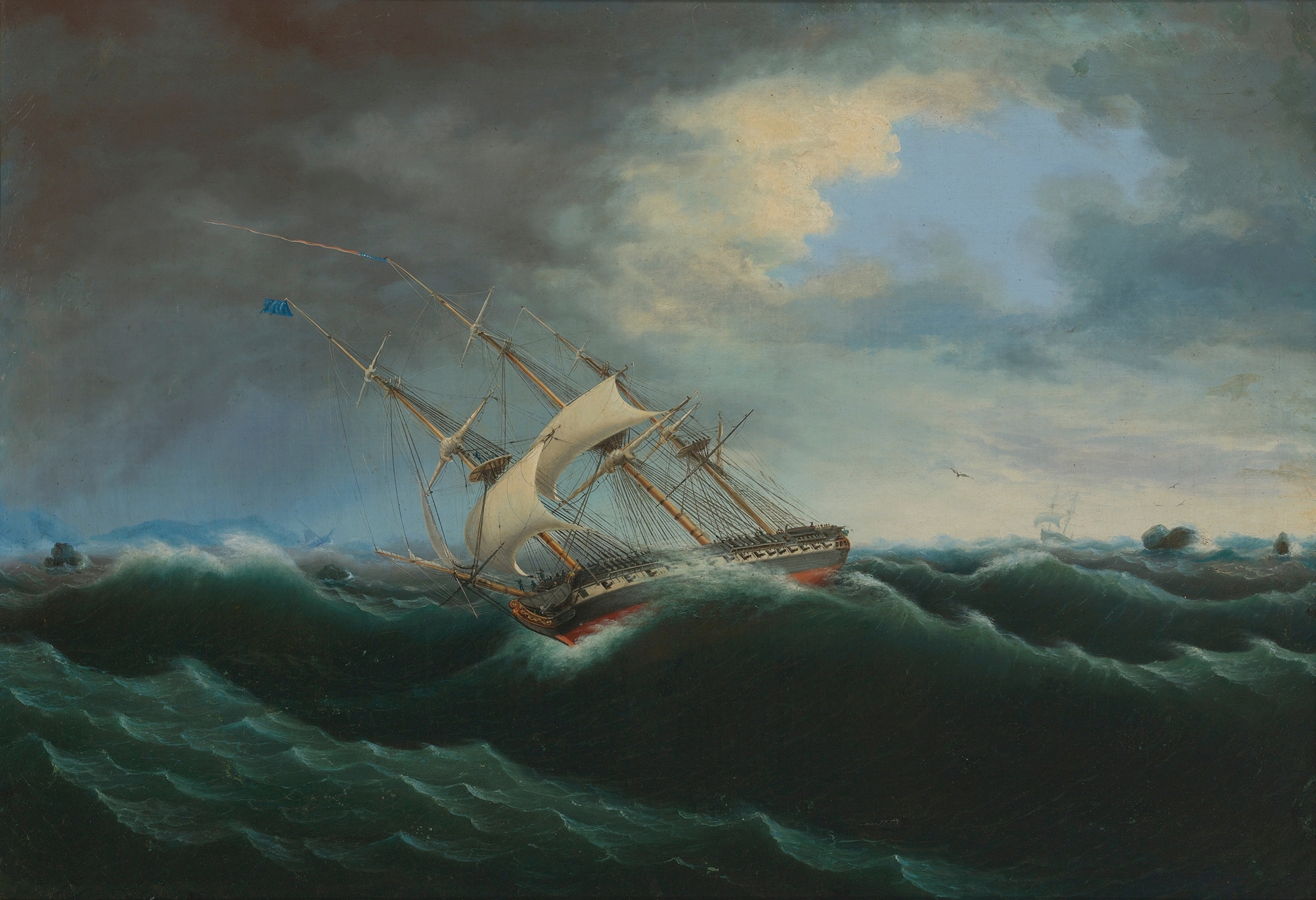 Historical oil painting by Thomas Birch depicting a solemn man surrounded by a crowd of emotions.