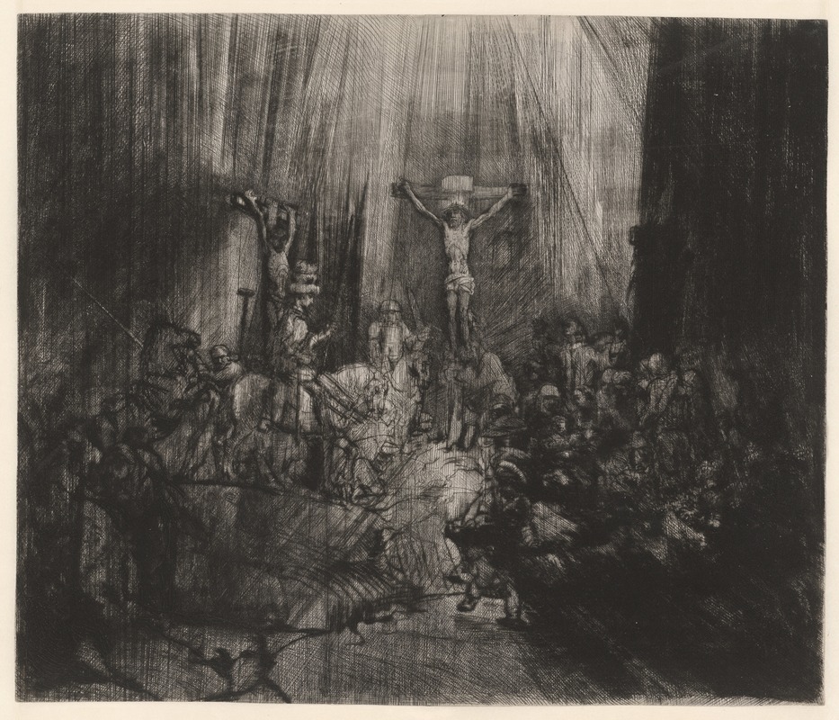 Rembrandt's 'The Three Crosses' depicts the crucifixion with dramatic light and shadow.