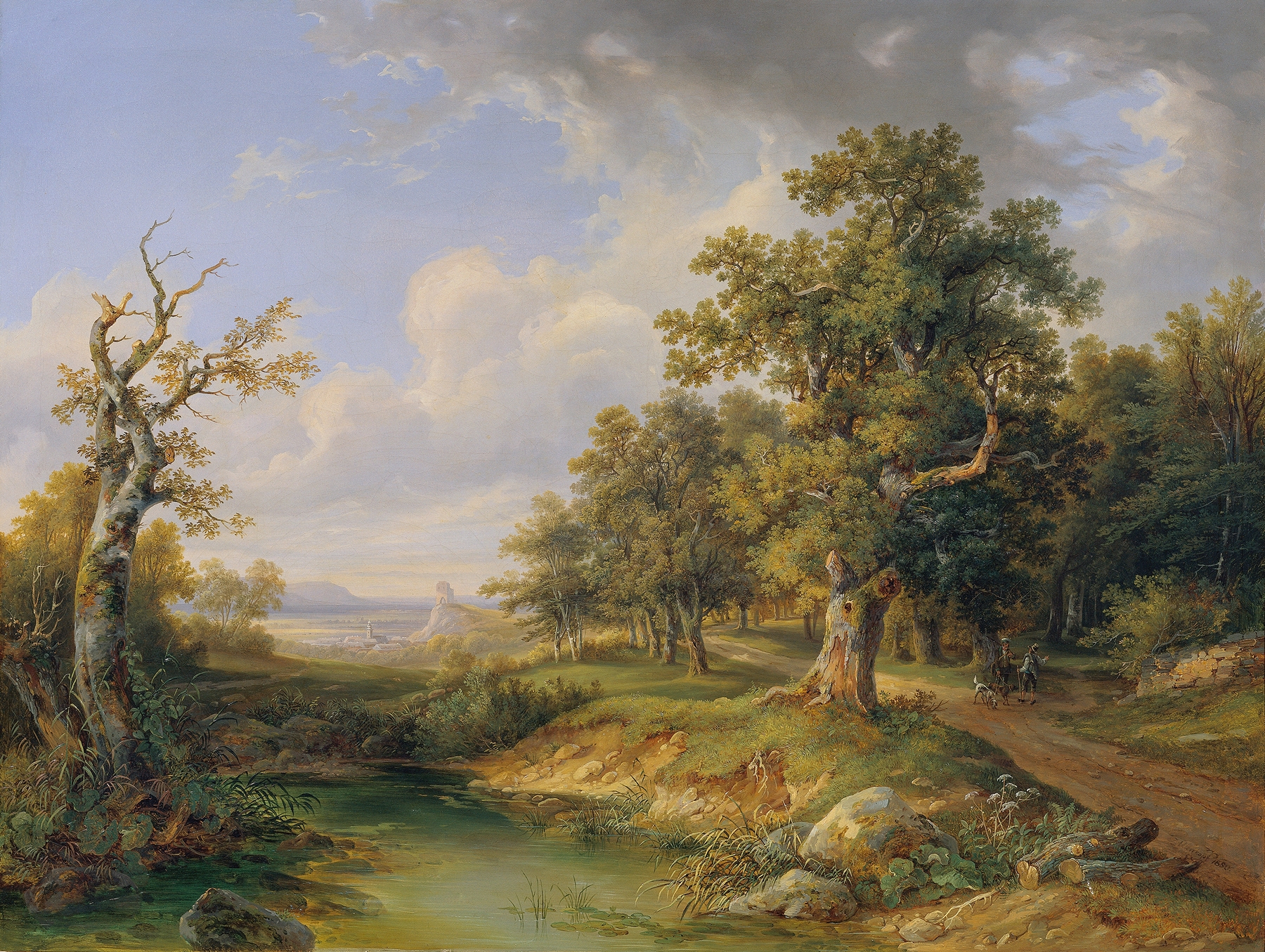 Waldpartie bei Mödling, oil on canvas by Josef Altenkopf depicting a lush forest scene.