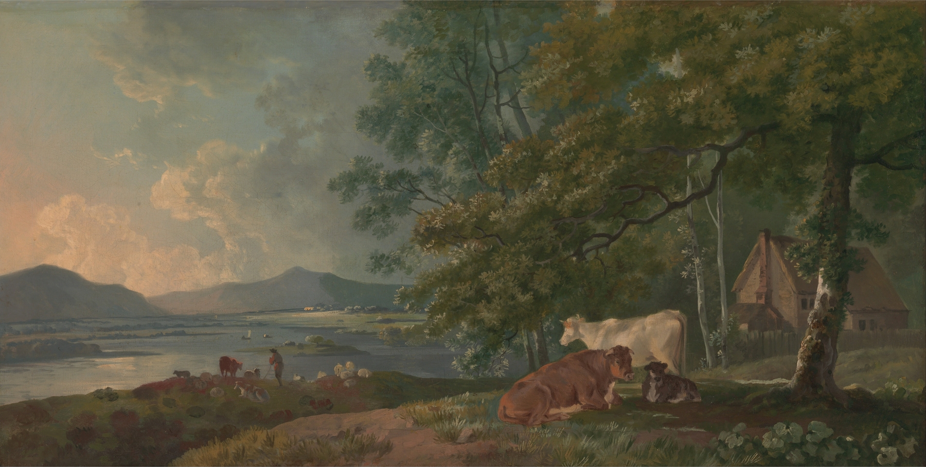 Oil painting by George Barret depicting a pastoral landscape with cattle and morning light.
