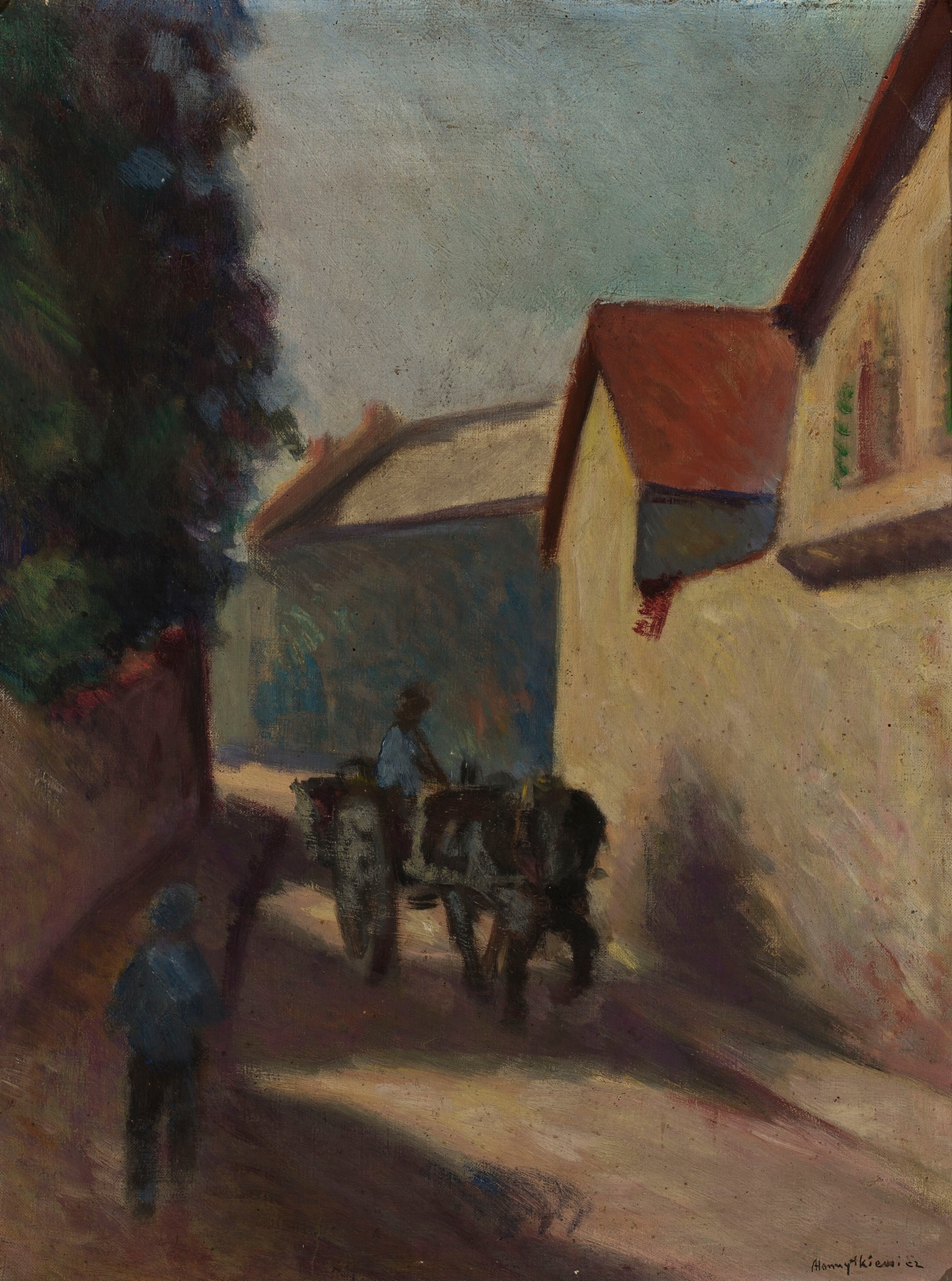 Landscape of a cobblestone street in Paris by Adam Hannytkiewicz, oil painting