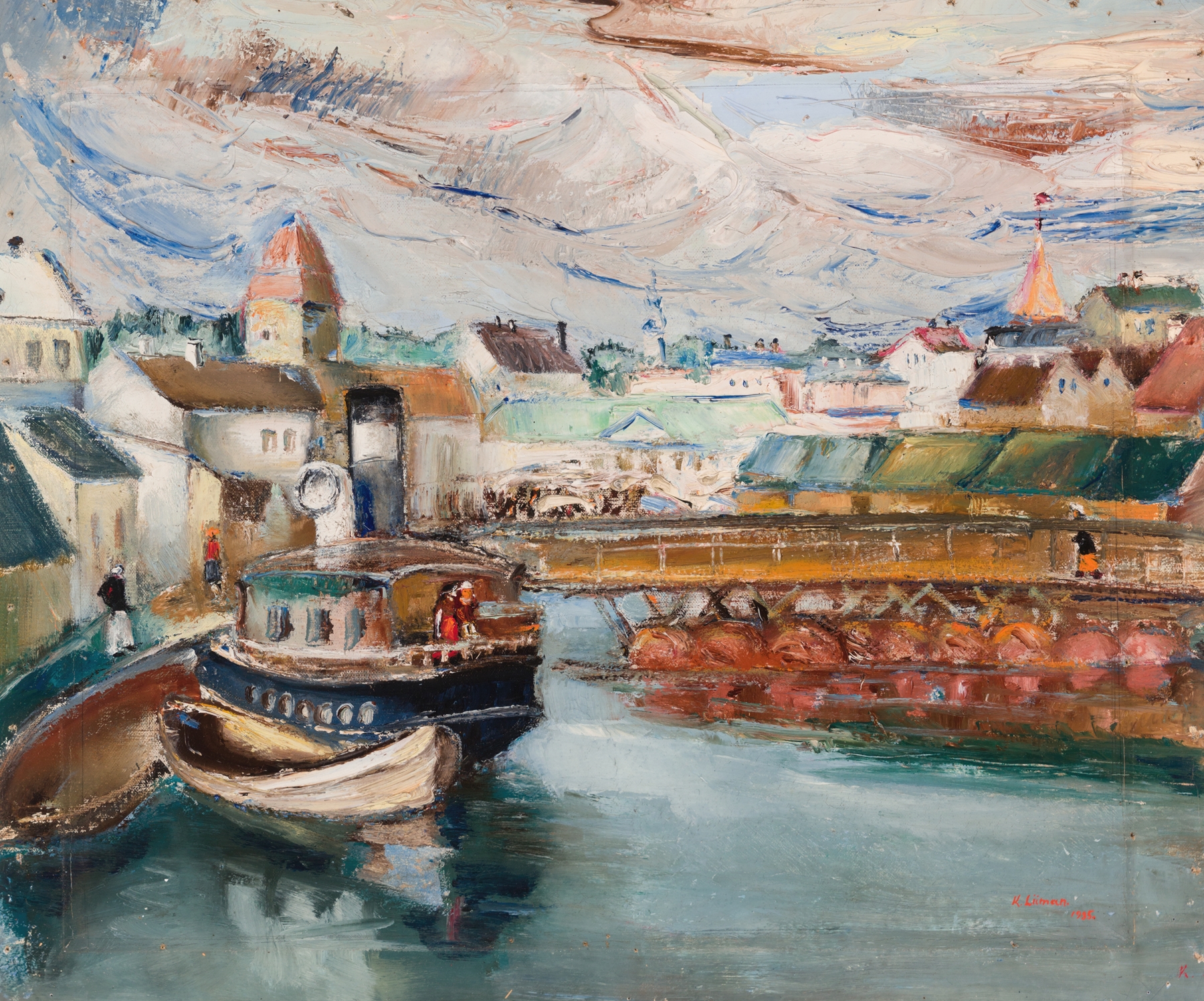 Tartu motiiv by Kaarel Liimand, oil on canvas depicting a nostalgic landscape with reflections in water.
