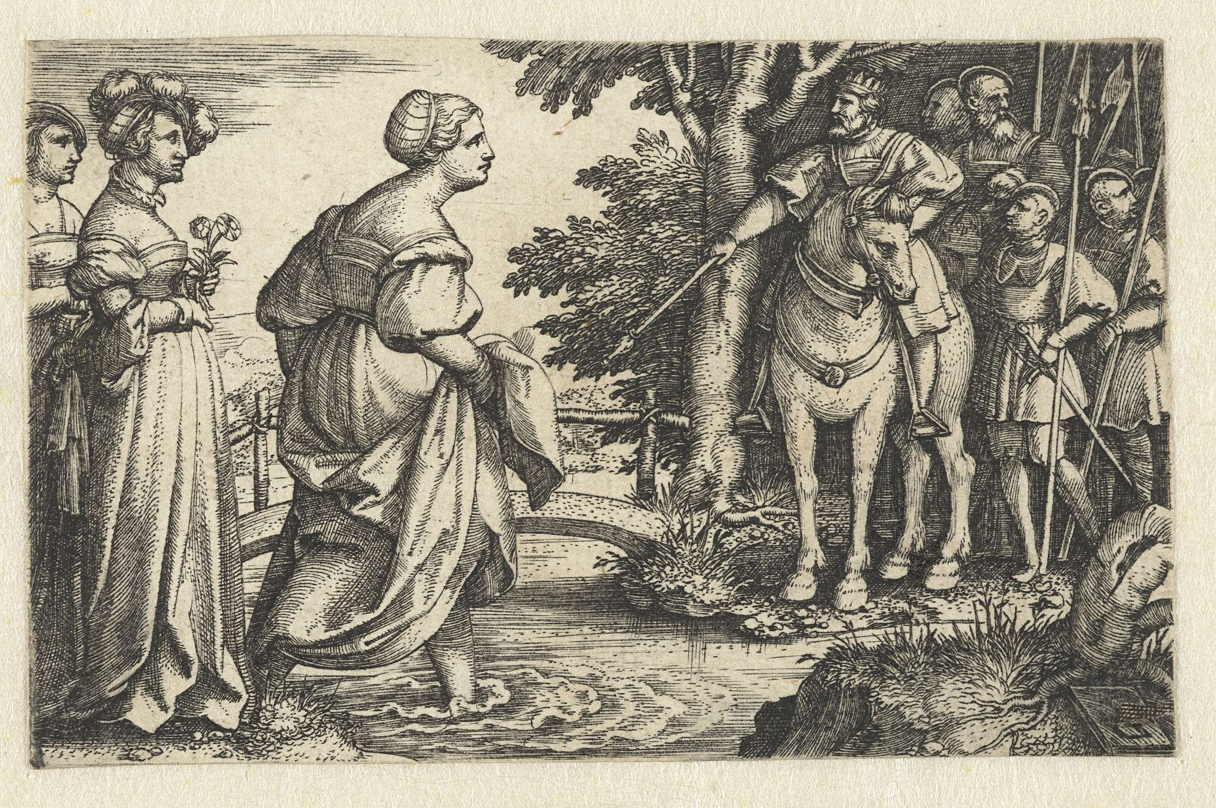 Koningin van Seba vereert hout van brug, by Georg Pencz, public domain
