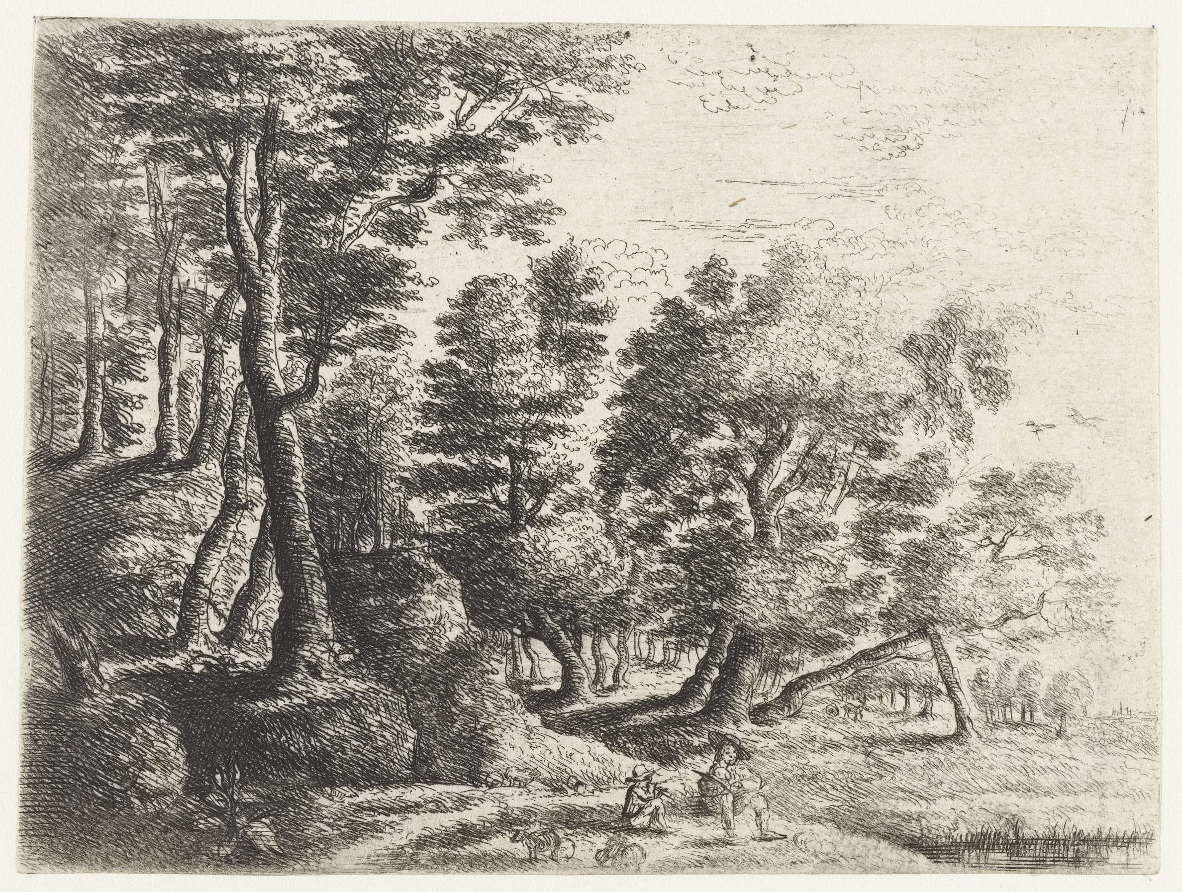 Landschap met zittende jongen en herder, etching by Philips Augustijn Immenraet depicting a boy and shepherd.