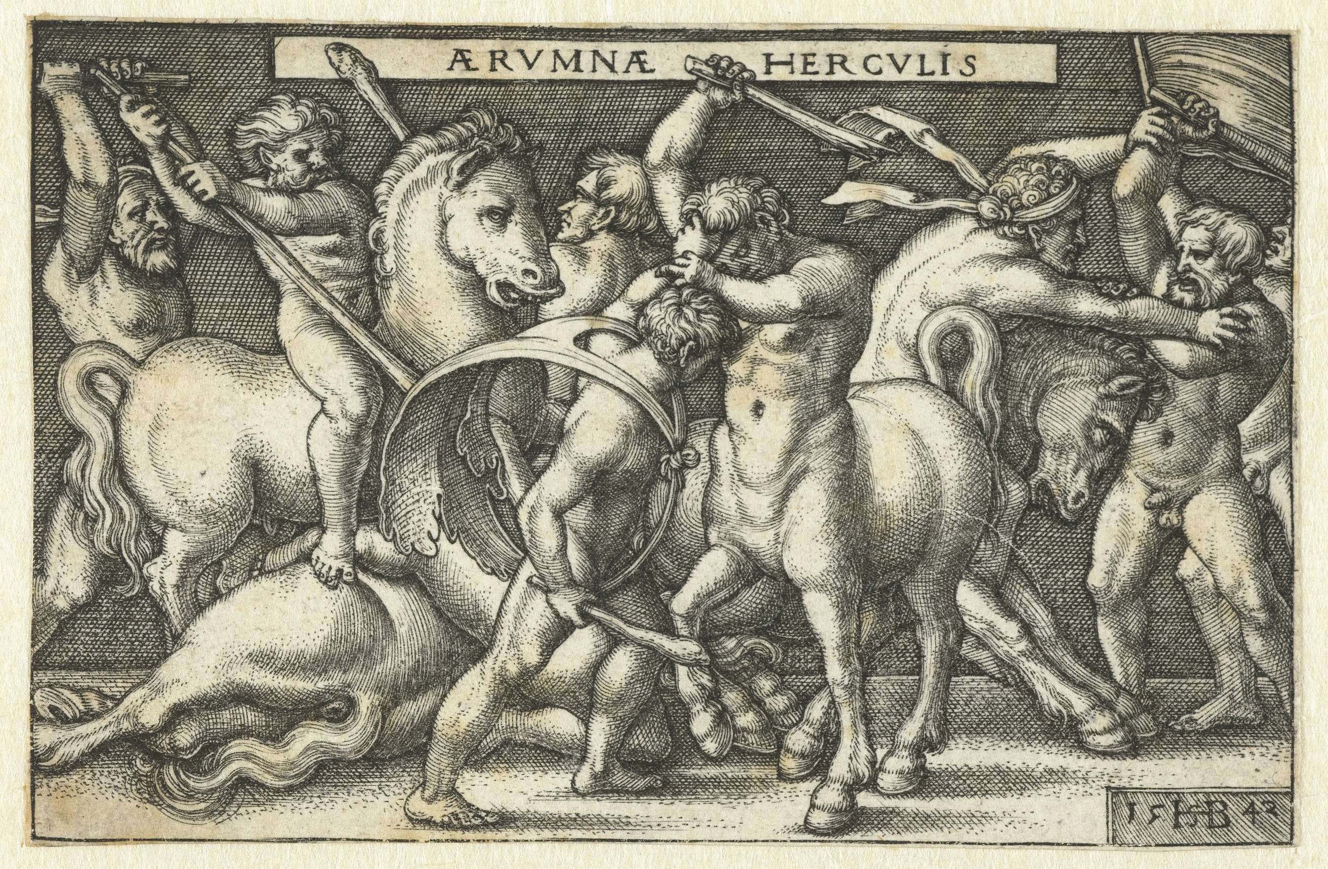 Hercules in gevecht met centaurs, by Hans Sebald Beham, public domain