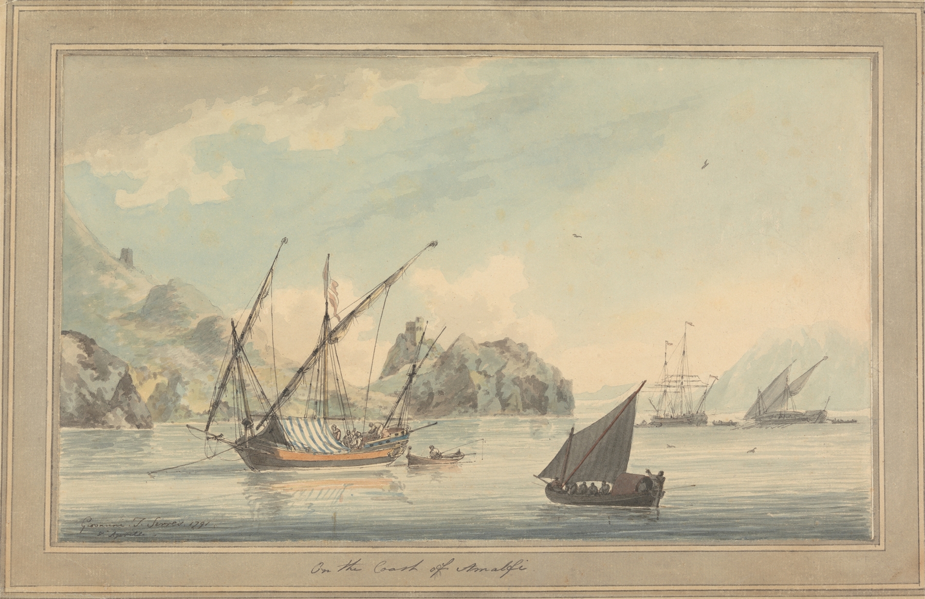 Shipping off the Coast at Amalfi by John Thomas Serres, oil painting depicting ships and waves.