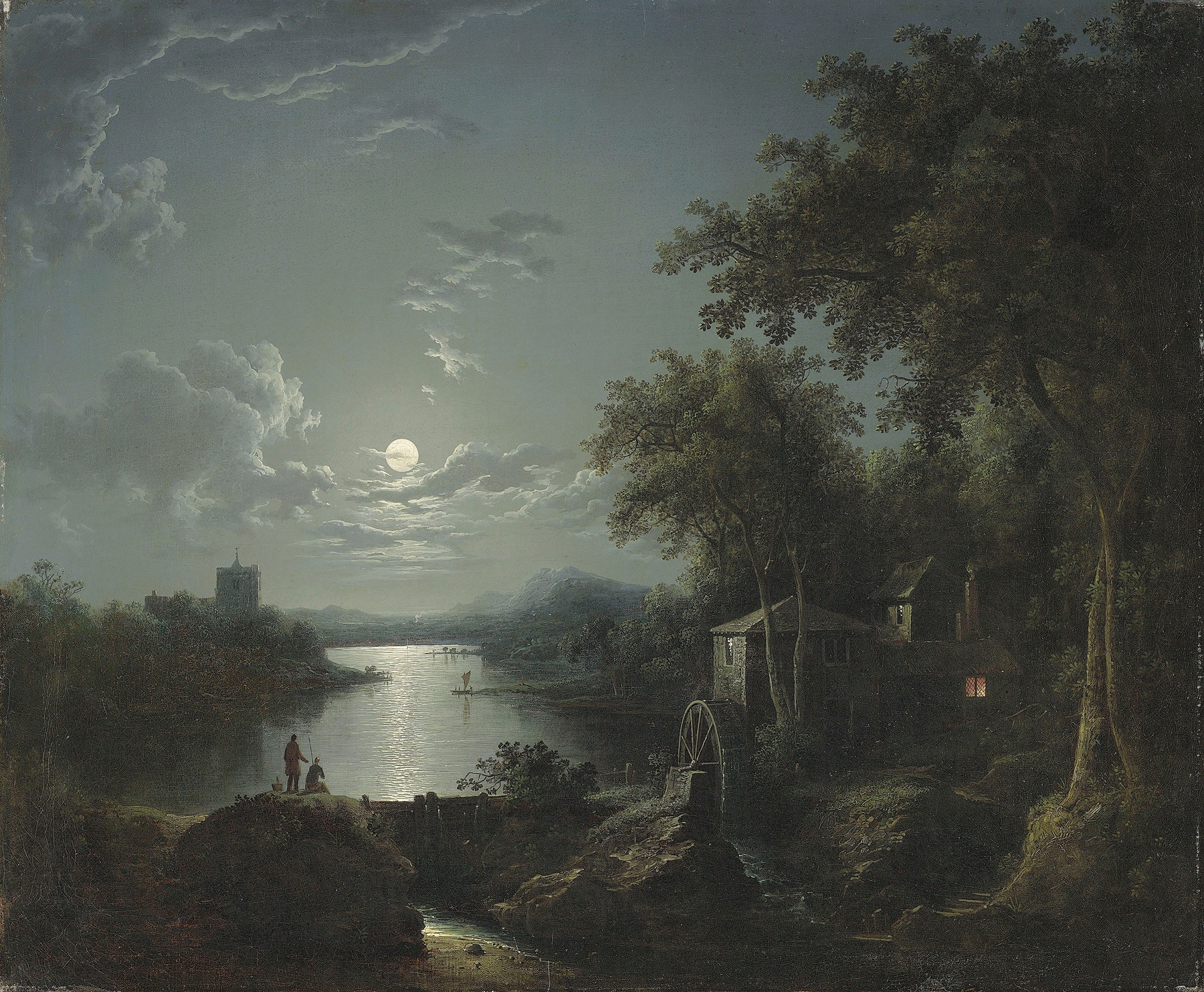 Moonlit fishing on the riverbank, oil on canvas by Henry Pether