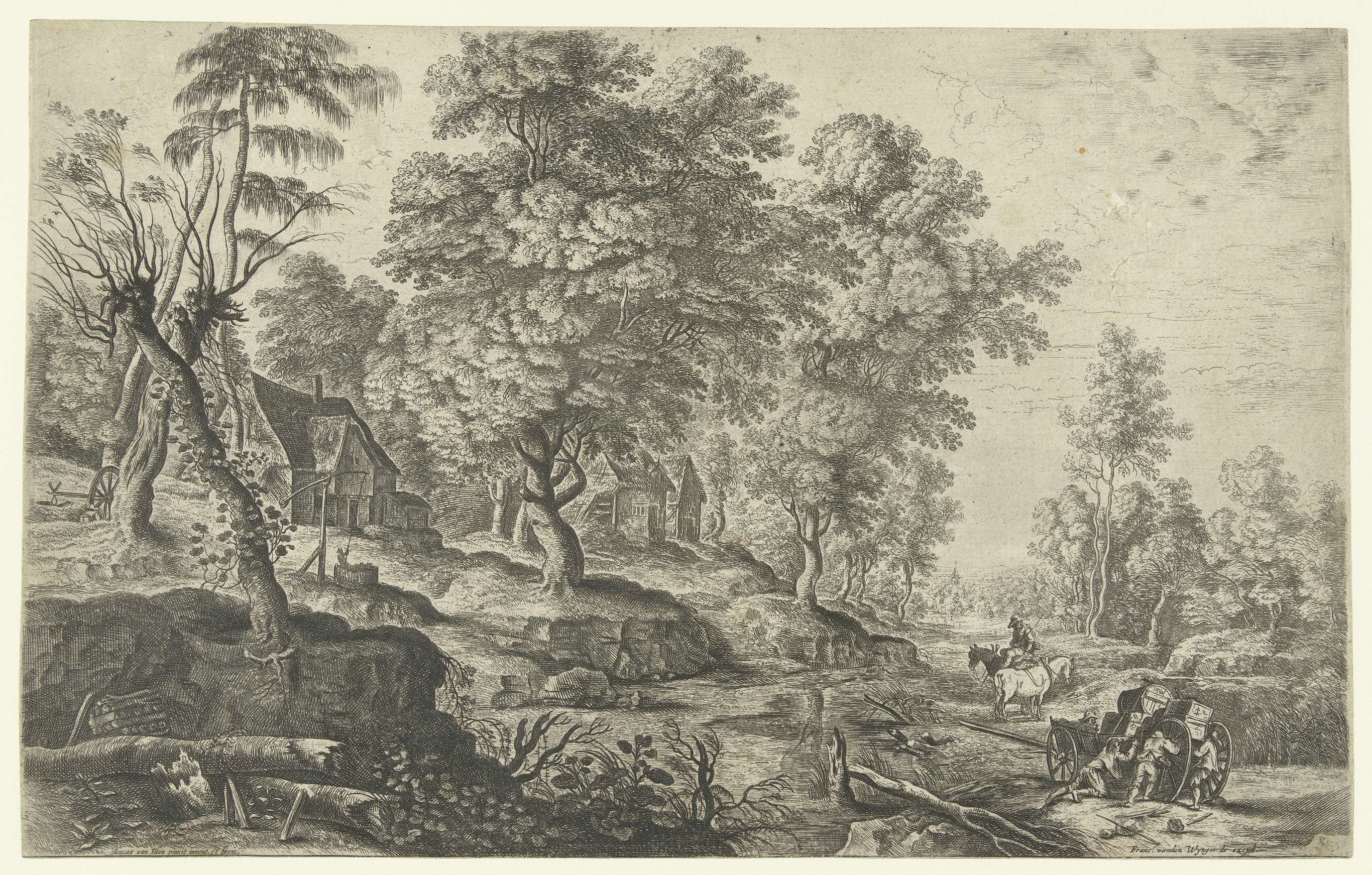 Landschap met mannen die uitgespannen wagen duwen etching by Lucas van Uden showing laborers pushing a cart.