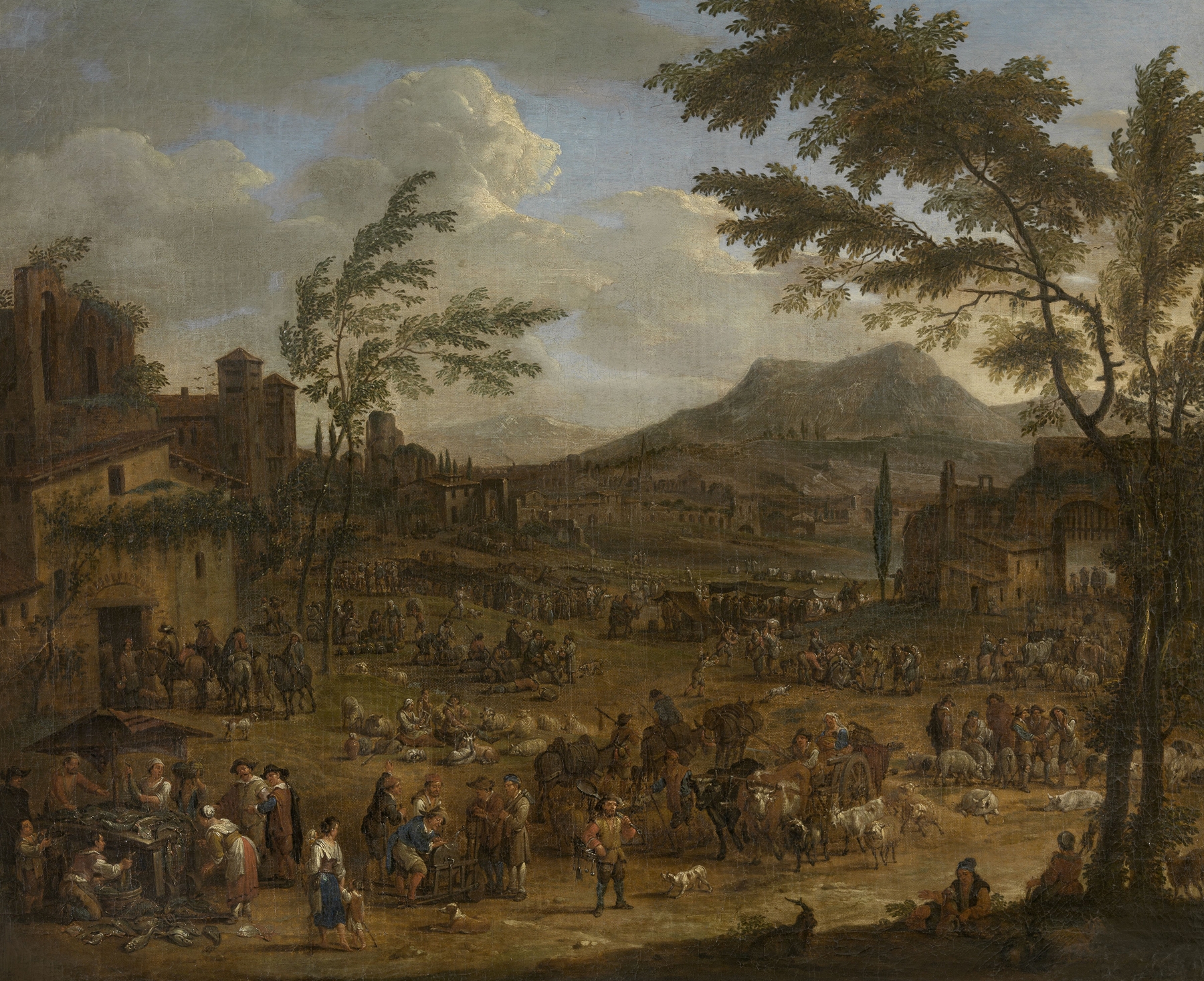 Italianate landscape with market scene by Peeter van Bredael, oil painting