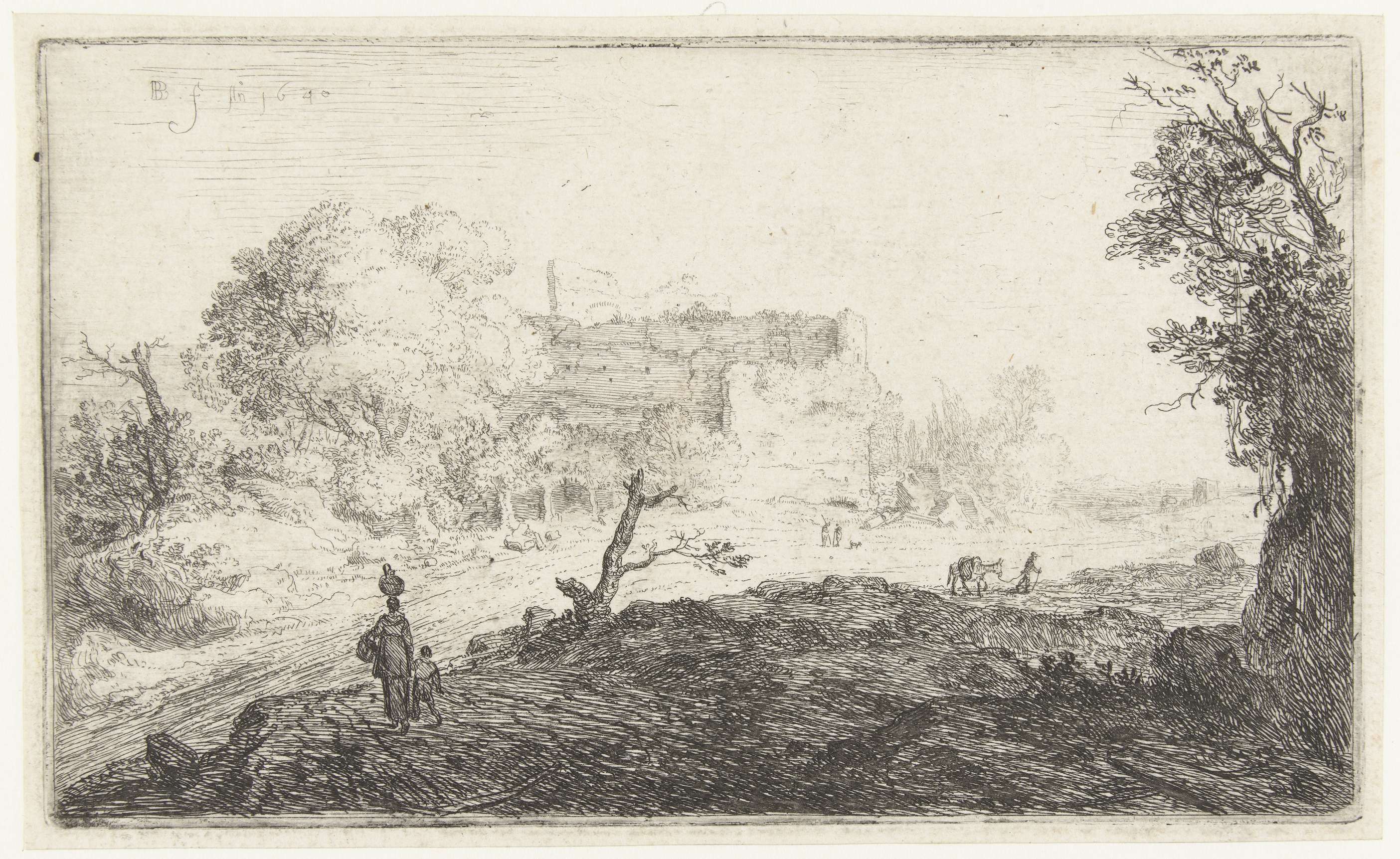 Etching by Bartholomeus Breenbergh showing a mother and child near the Colosseum ruins