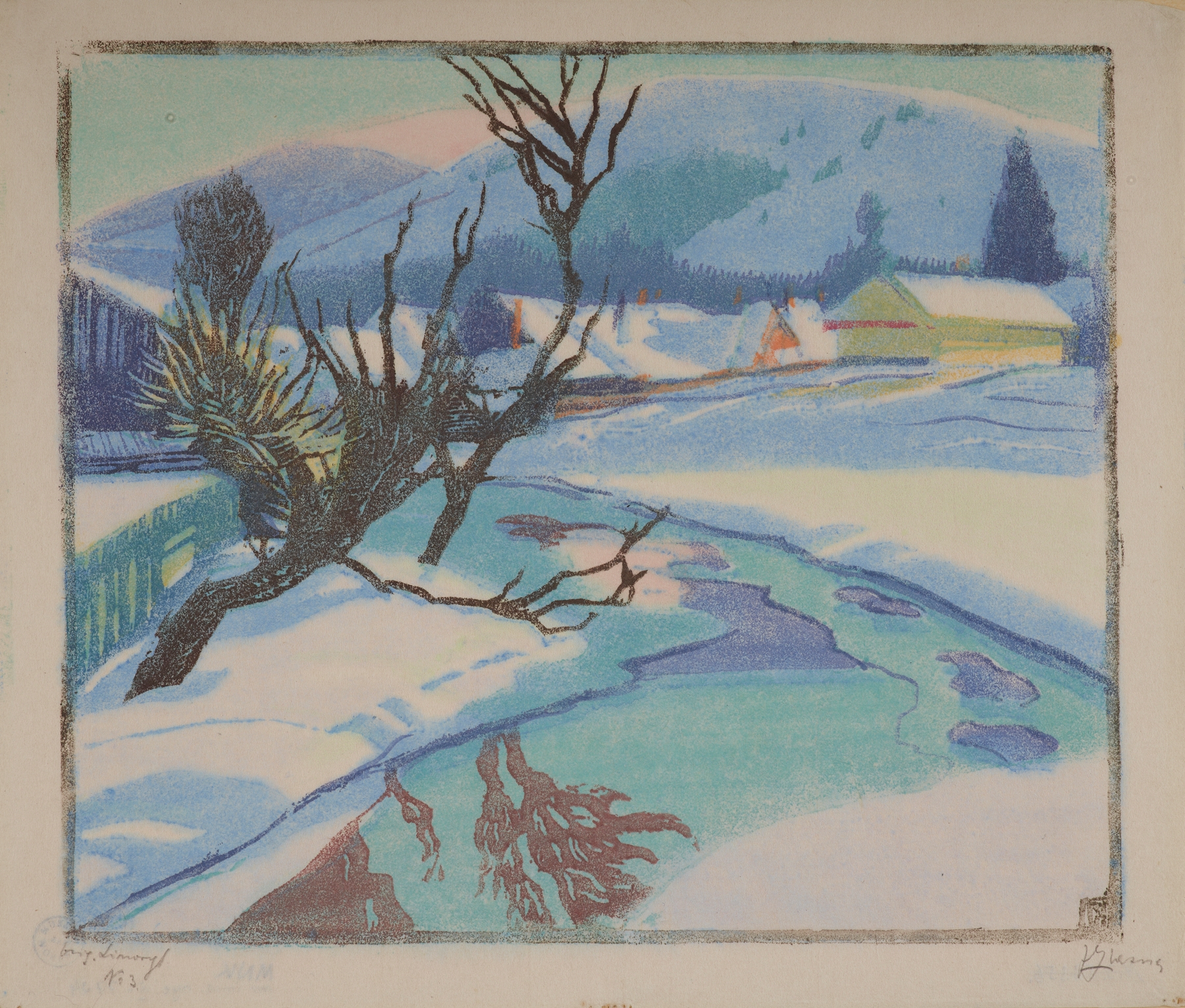 Rajcza in winter by Jakub Glasner, oil painting depicting a snowy landscape with trees.