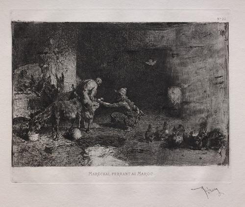 A scene depicting the shoeing of a mule in Morocco.