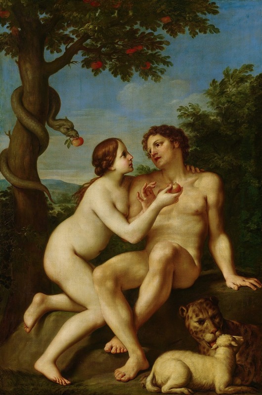 Adam and Eve in Paradise, oil on canvas by Francesco Solimena, depicting lush garden and figures.