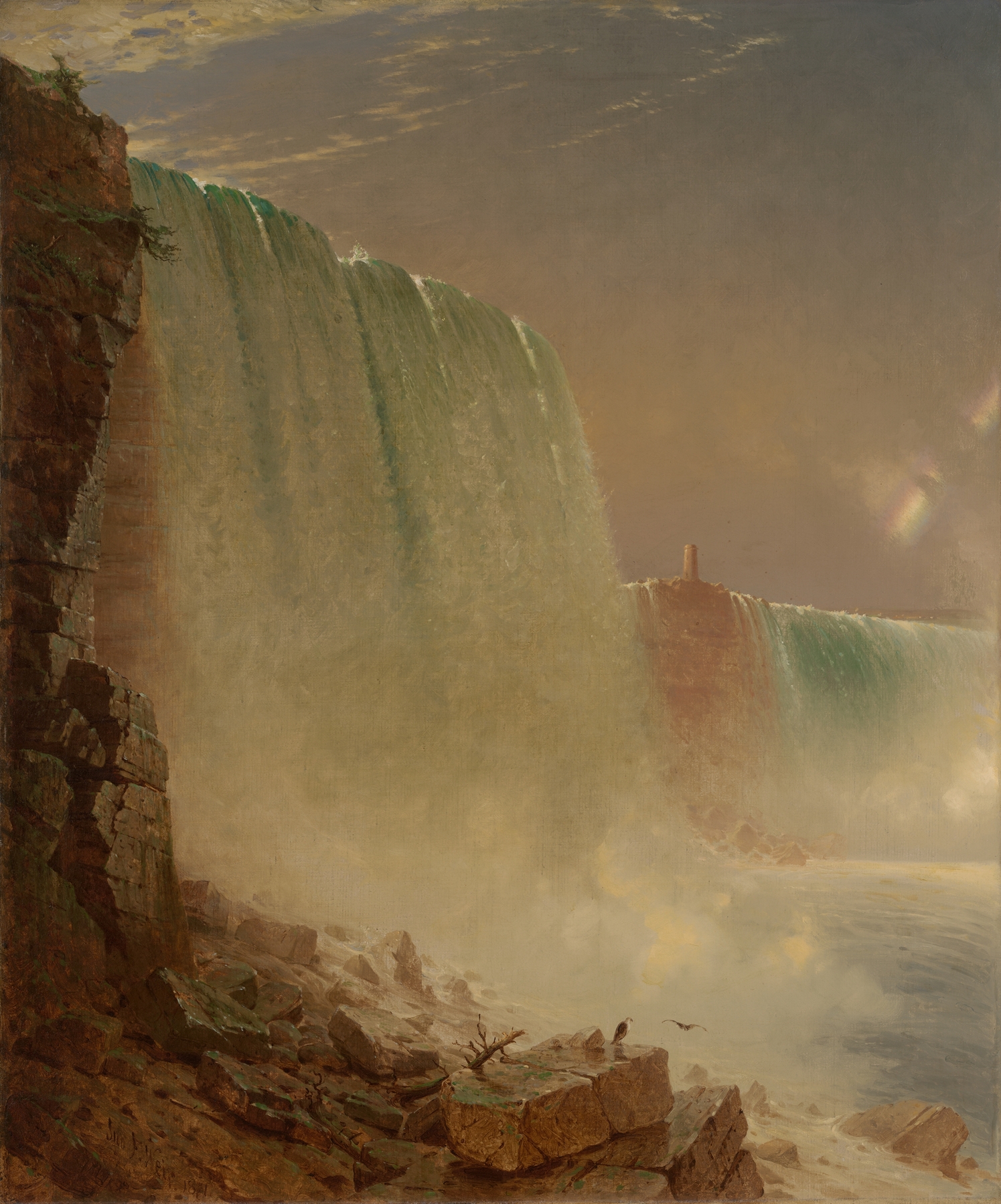Niagara Falls by John Ferguson Weir, oil painting depicting a waterfall and rocky cliffs.