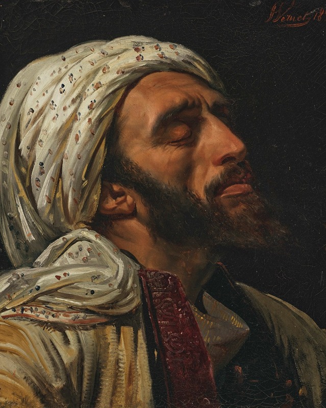A striking portrait of an Arab man by Horace Vernet, showcasing intricate details and vibrant colors.