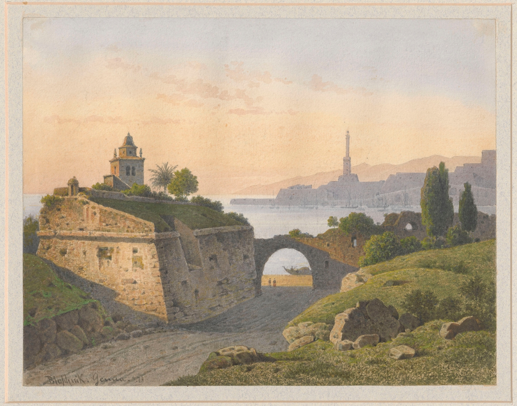 View of a port in Genoa with a lighthouse in the distance, by Arthur Blaschnik, public domain