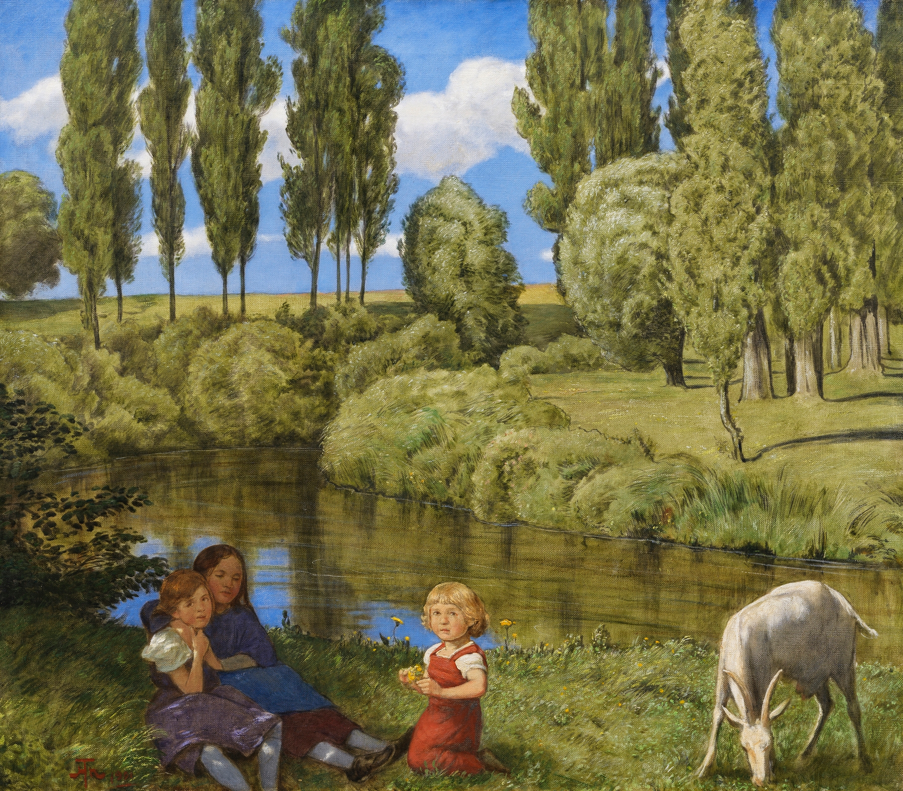 Oil painting by Hans Thoma depicting a figure by a brook in a tranquil landscape.