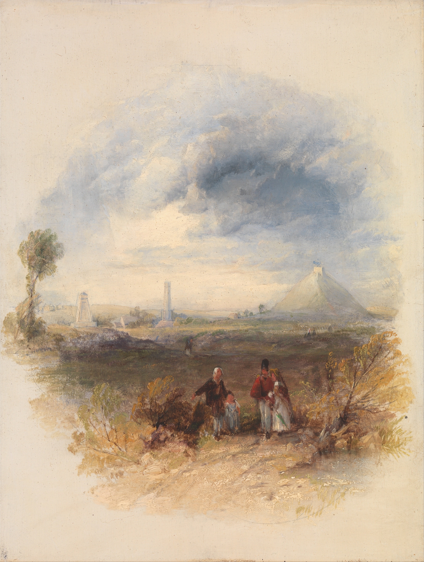 Waterloo by Thomas Creswick, oil on canvas depicting a lush landscape with a battlefield.
