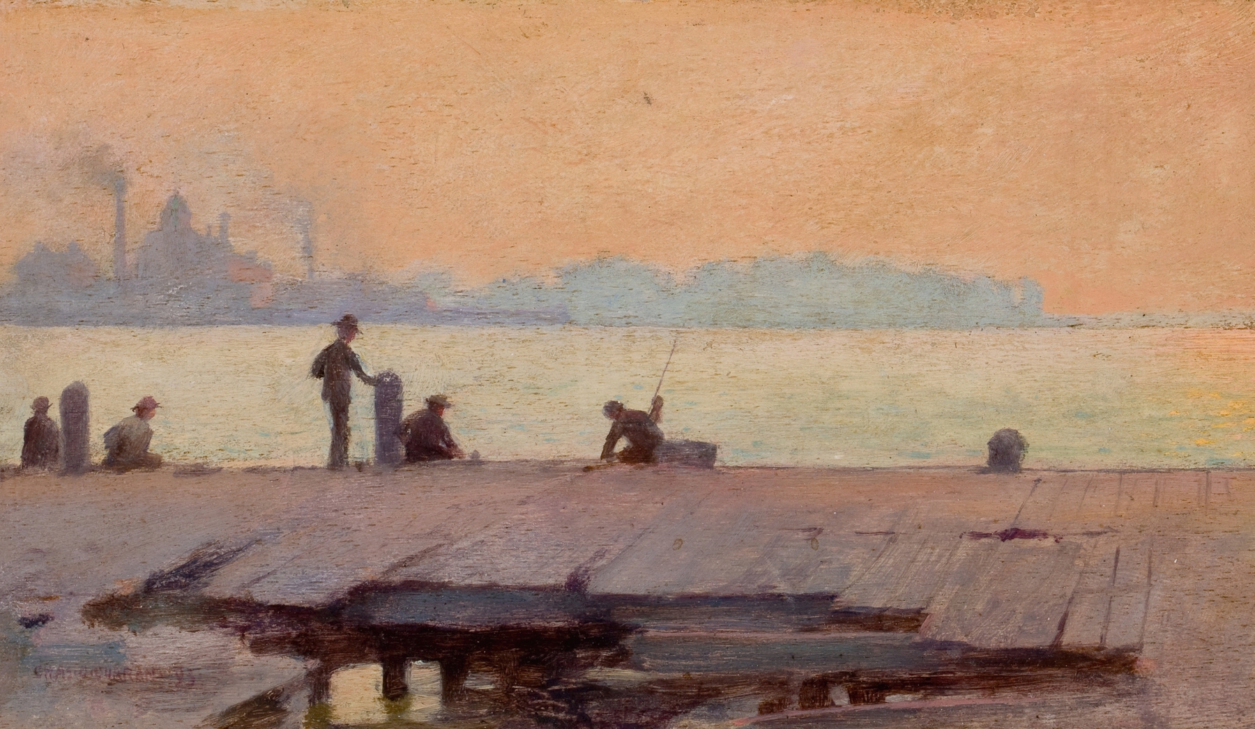 Fishermen on the dock, oil painting by Charles Courtney Curran, depicting vibrant activity at the water's edge.