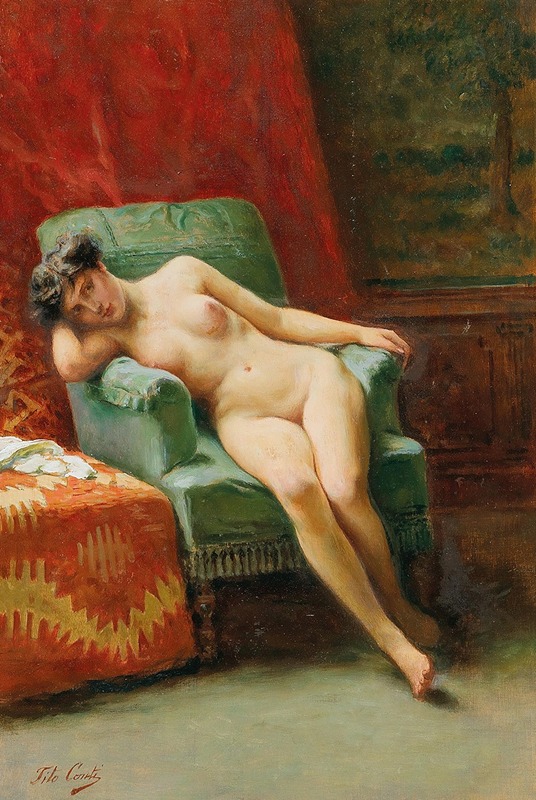 A portrait of a model by Tito Conti showcasing realistic details.