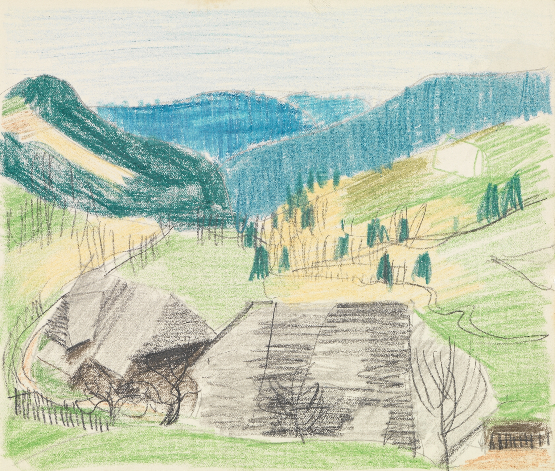Höll; Sommerlandschaft mit zwei Schwarzwaldhäusern vorn, oil on canvas by August Babberger