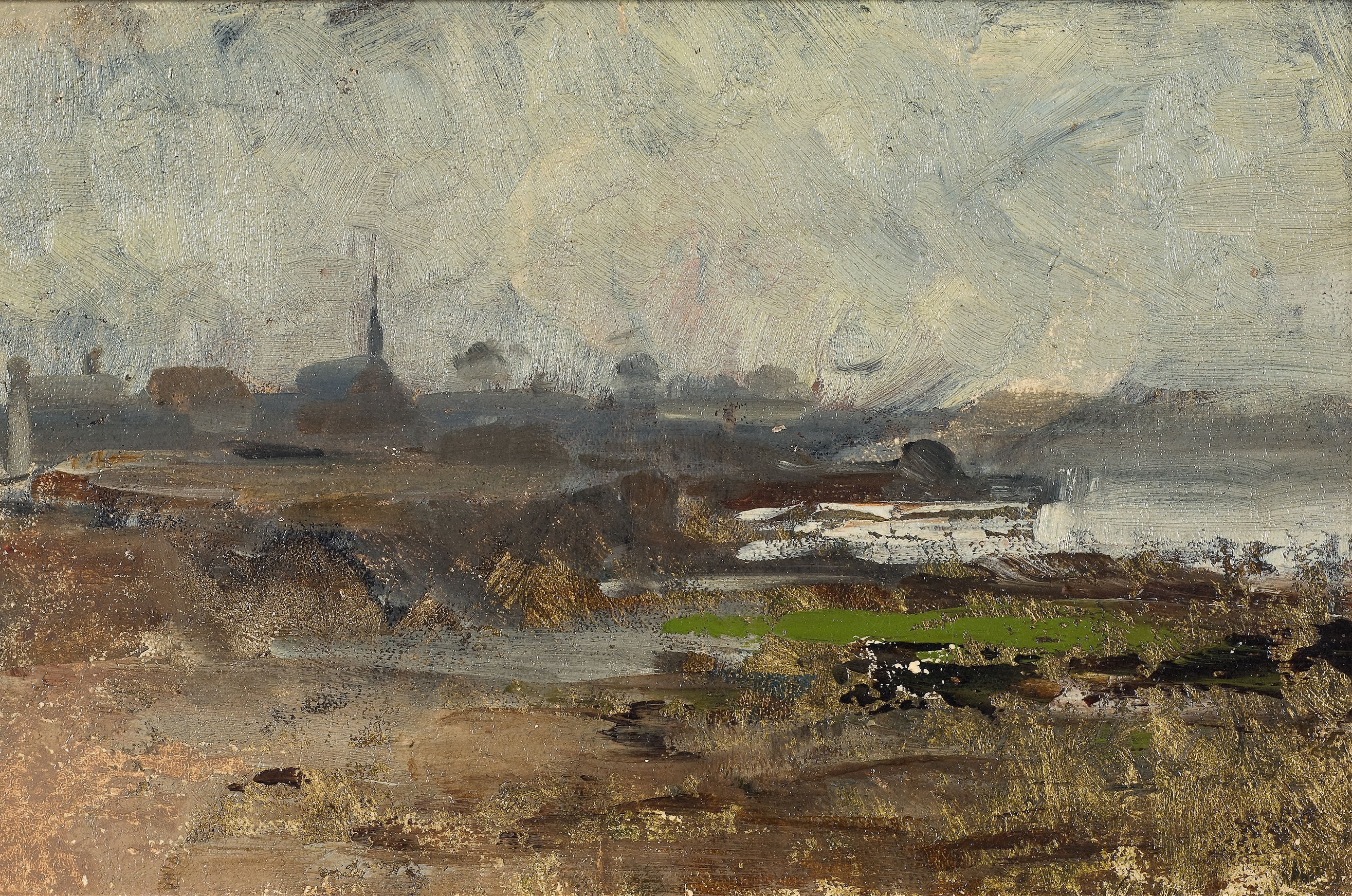 Misty Shore oil painting by Emma Löwstädt-Chadwick depicting a tranquil shoreline in mist