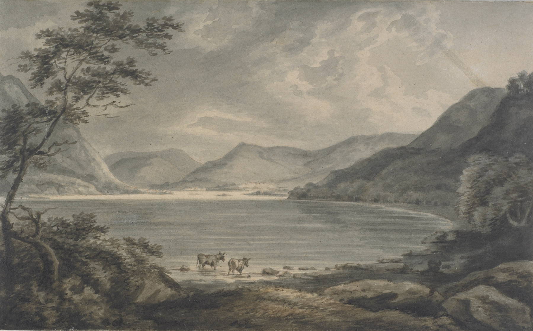 Lake scene by Edward Dayes, oil painting depicting a tranquil lake with reflections.