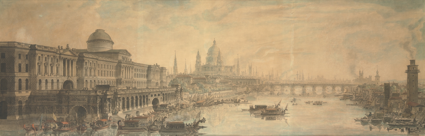 Somerset House, Saint Paul’s Cathedral and Blackfriar’s Bridge, by Louis Jean Desprez, public domain