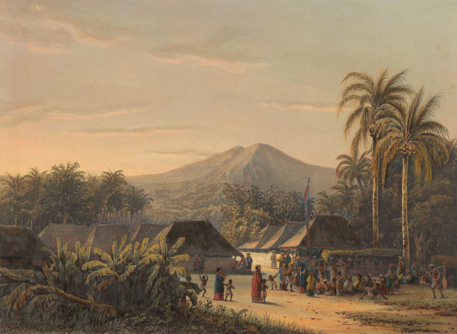 Dorpsfeest in de buurt van de berg Ardjoeno. Dorpsfeest in de omstreken der Ardjoeno, by Johan Conrad Greive, public domain