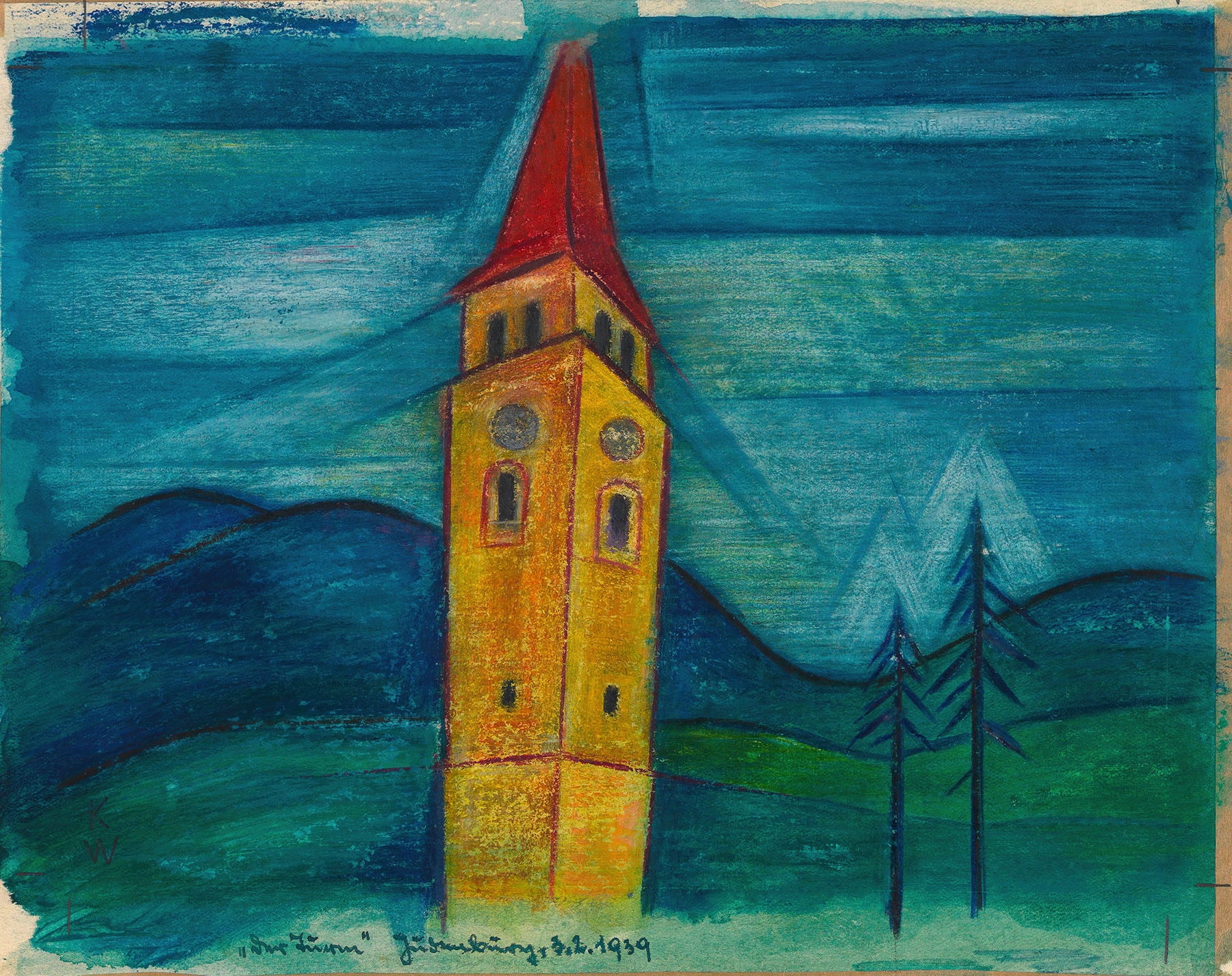 Der Turm by Karl Wiener, oil painting depicting a tower with clouds and shadows.