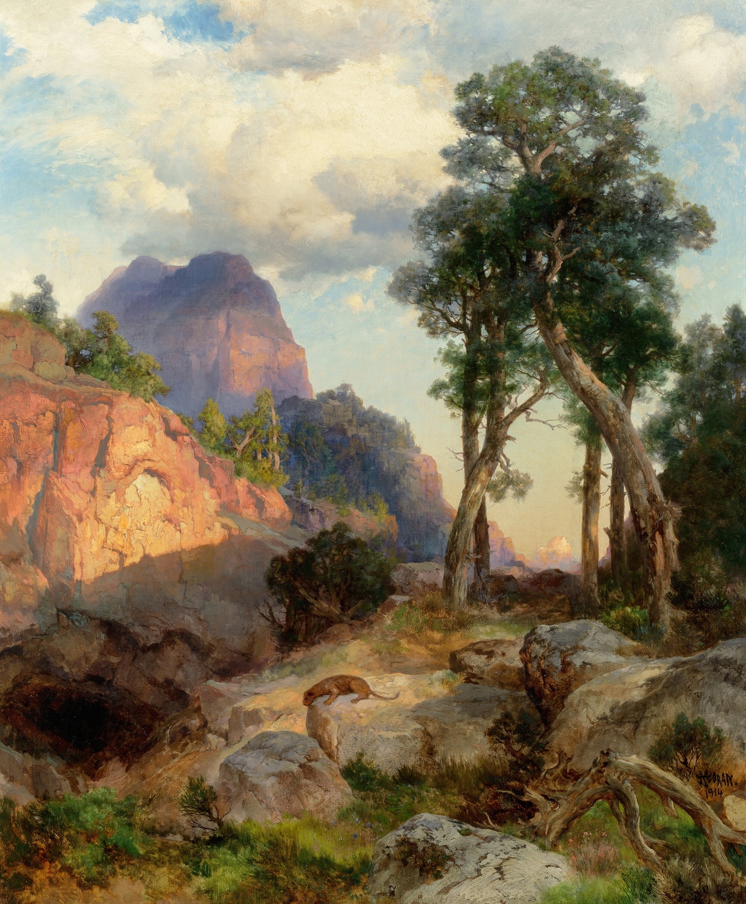 Mountain lion resting in the Grand Canyon, oil on canvas by Thomas Moran