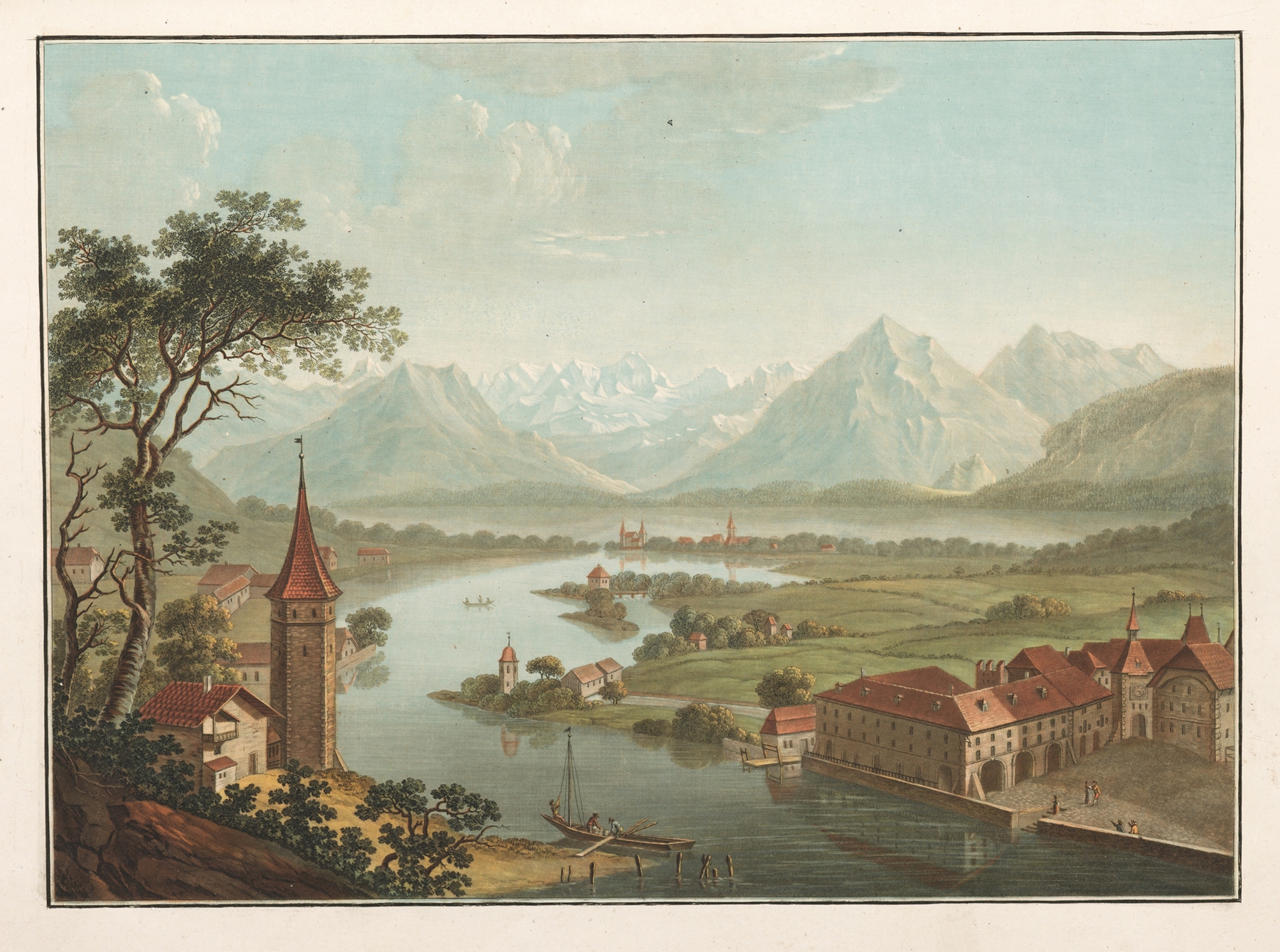 Lake Thun landscape with river Aar, oil painting by Friedrich Rosenberg