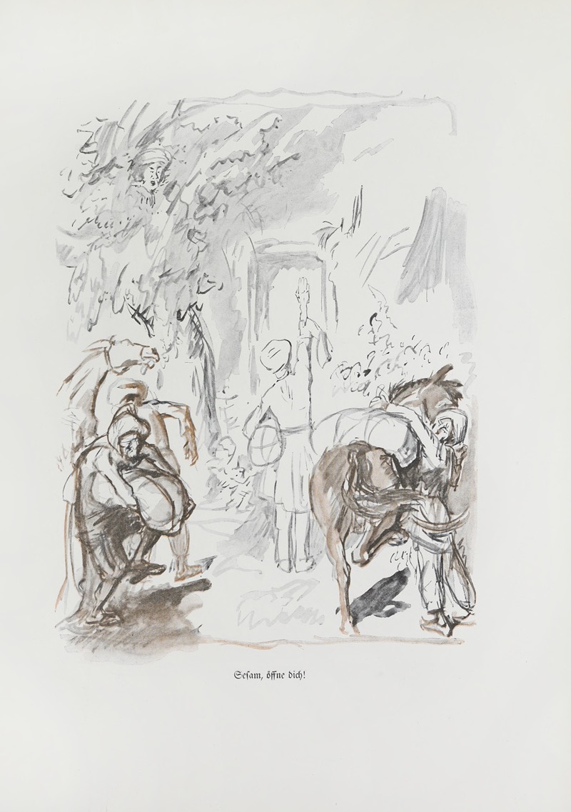 This painting depicts the story of Ali Baba and the forty thieves.