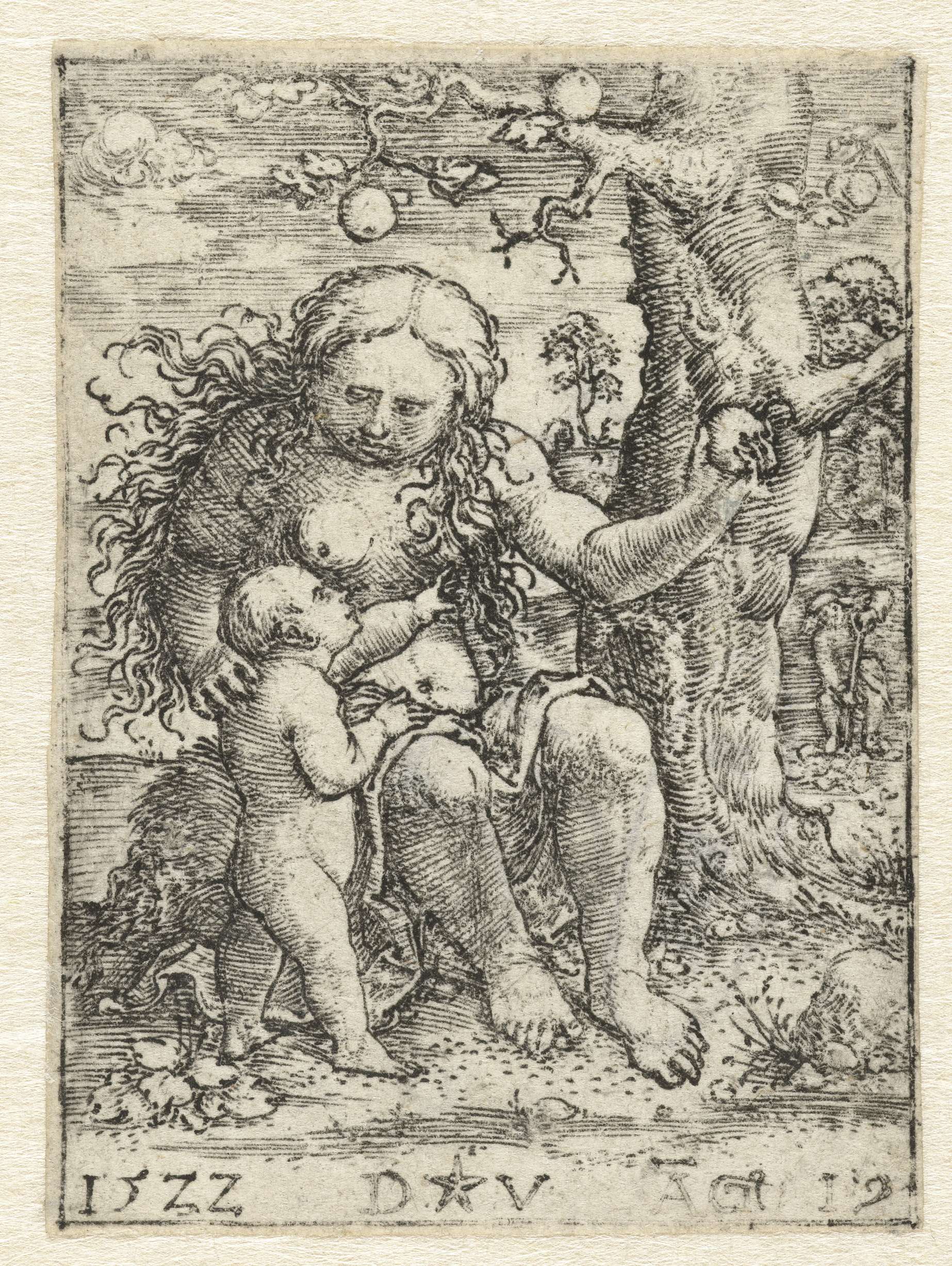 Eva en Kaïn, etching by Dirck Vellert, depicting figures in a tense conversation.
