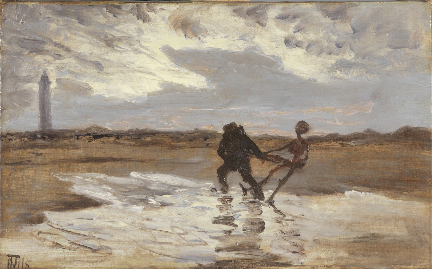 Oil painting by Thorvald Niss depicting a spectral figure in tumultuous ocean waves.
