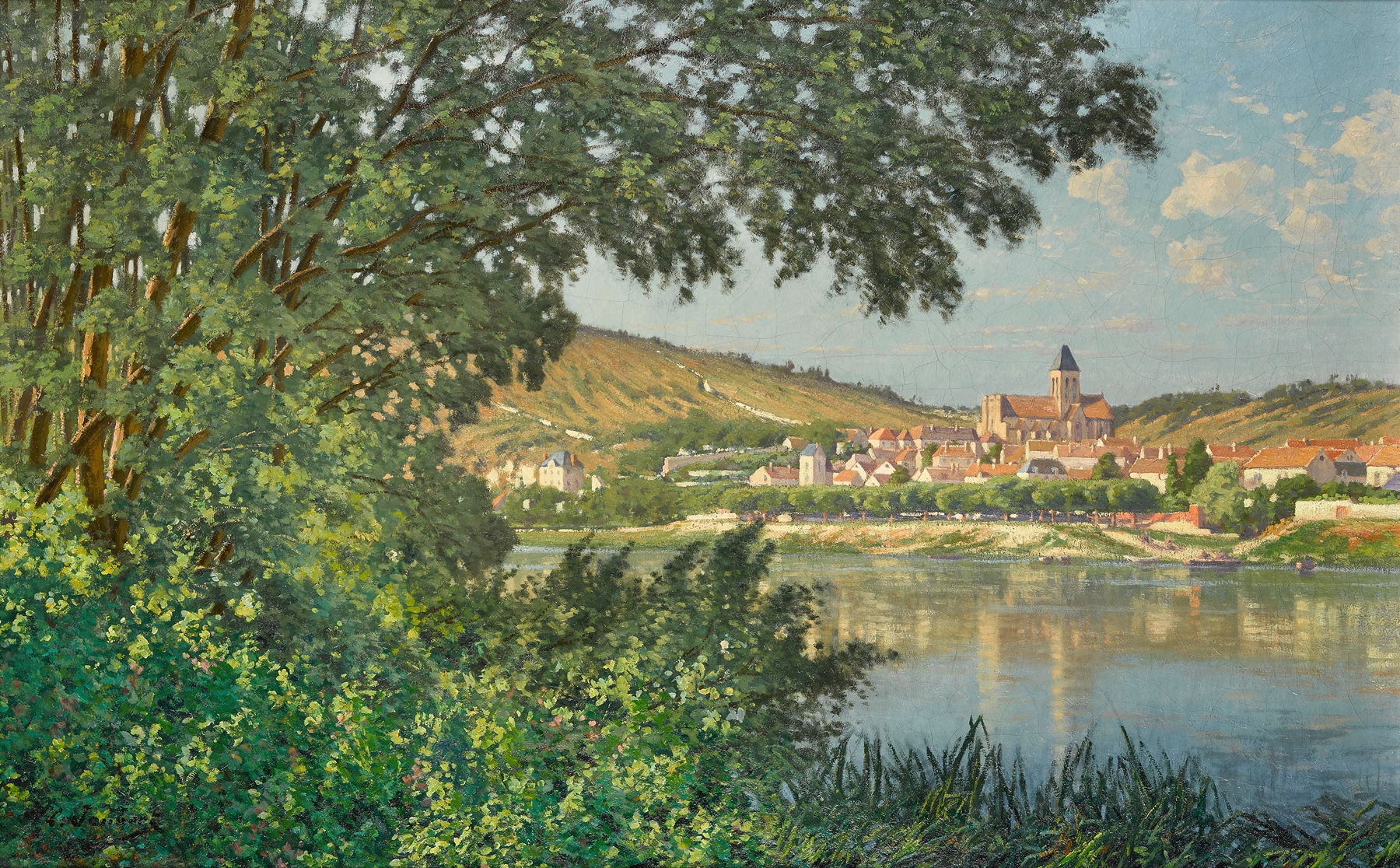 Landscape depicting a river with reflections, oil painting by Léon Joubert