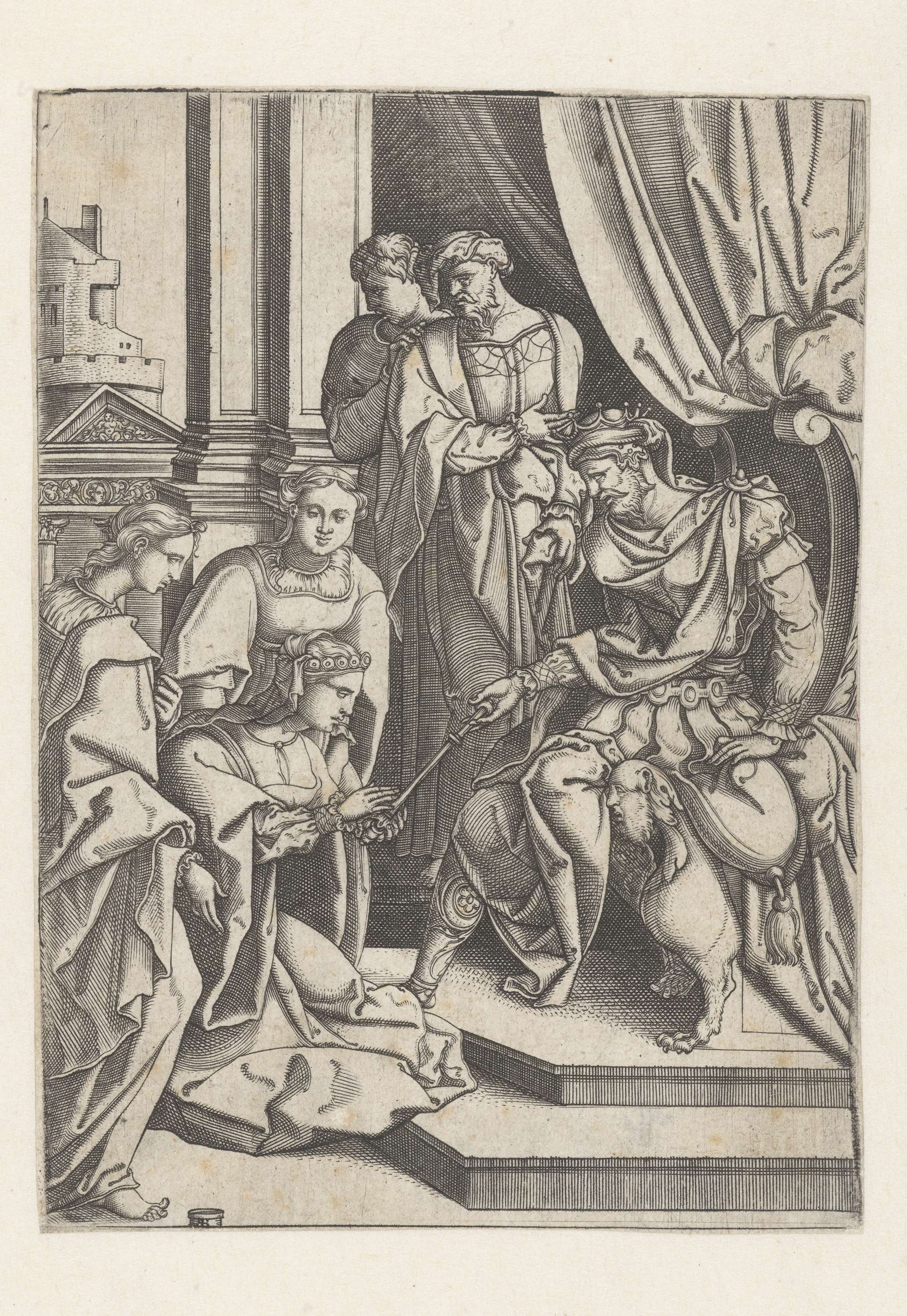 Engraving by Monogrammist RR depicting Esther with intricate details and vibrant gown