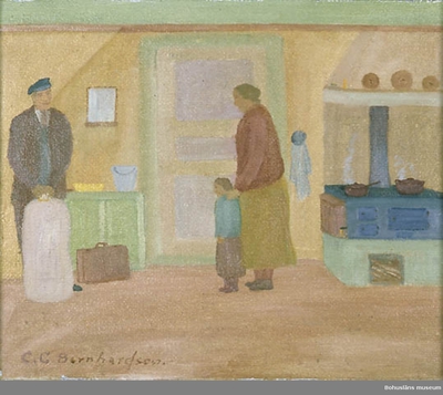 Interior scene of a family in a kitchen, oil painting by Carl Gustaf Bernhardson