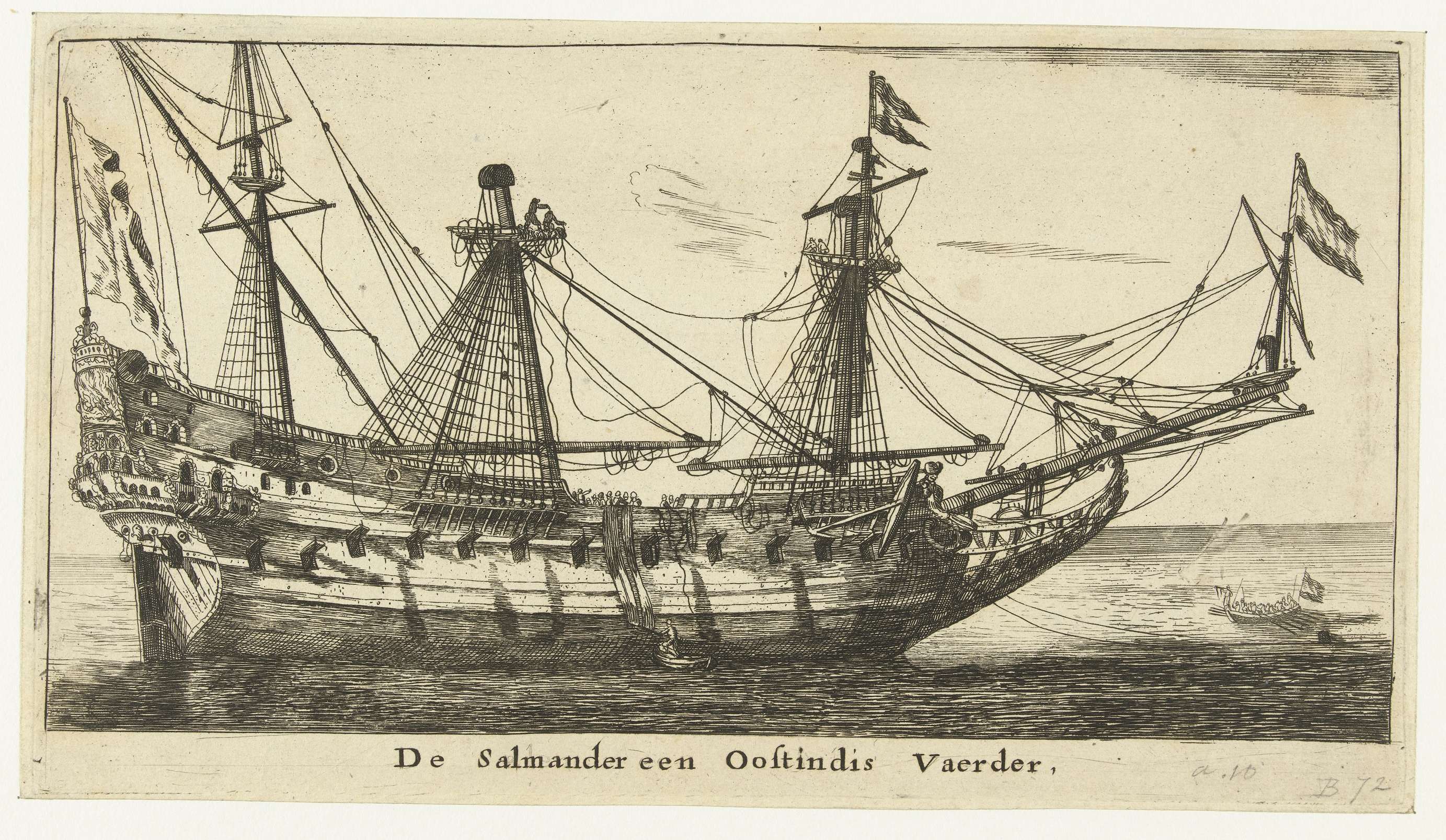 Etching of the ship De Salamander rising from mist, unknown artist